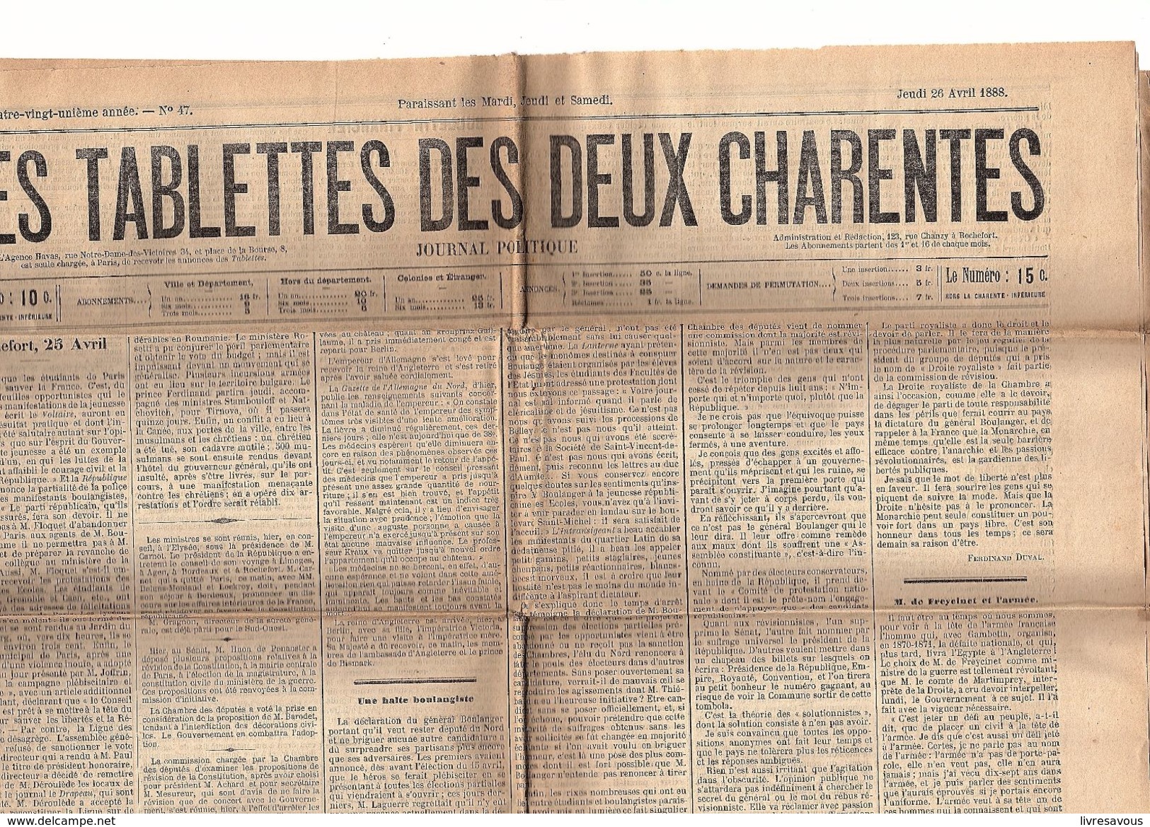 Les Tablettes Des Deux Charentes Journal Politique Du Jeud 26 Avril 1888 - Scandinavian Languages