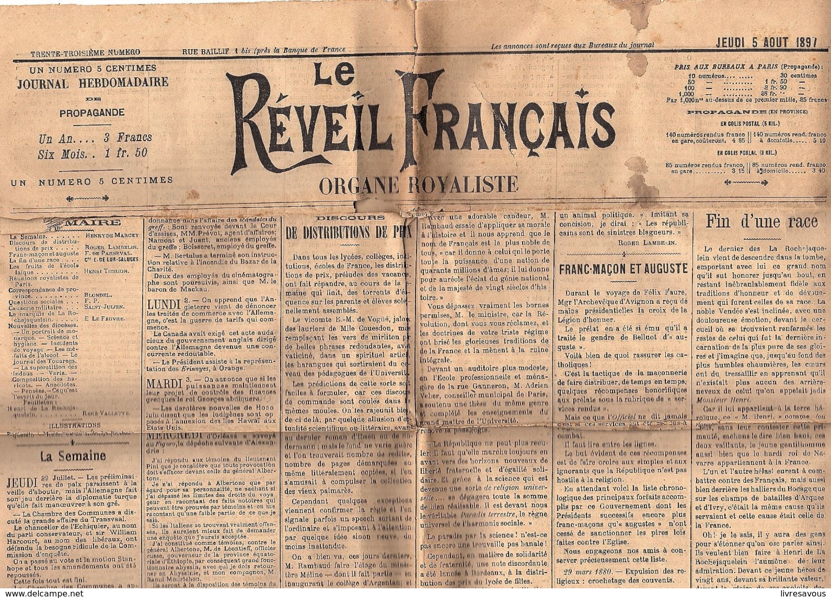 Le Réveil Français Organe Royaliste N° 33 Du Jeudi 5 Août 1897 - Lingue Scandinave