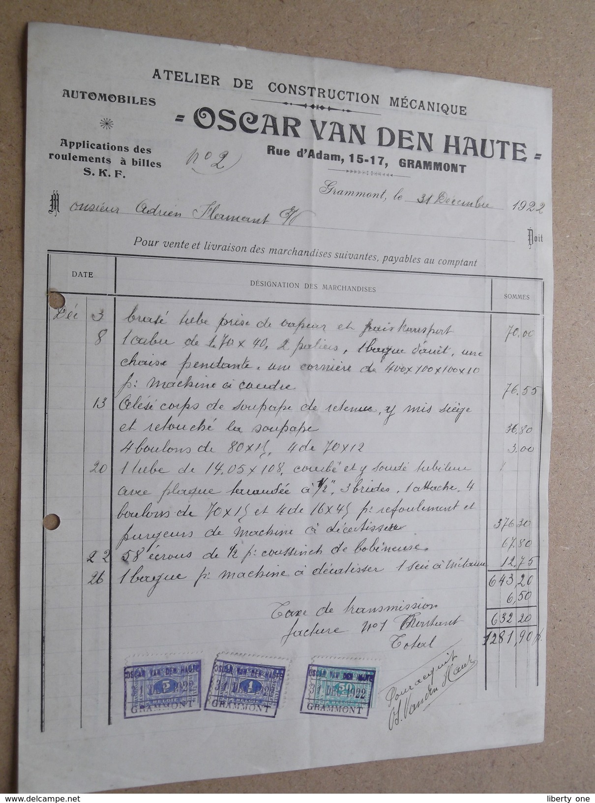 OSCAR VAN DEN HAUTE ( Construction Automobiles ) GRAMMONT ( Factuur / Tax ) > Mr. Flamant : Anno 1922 ! - Automobilismo