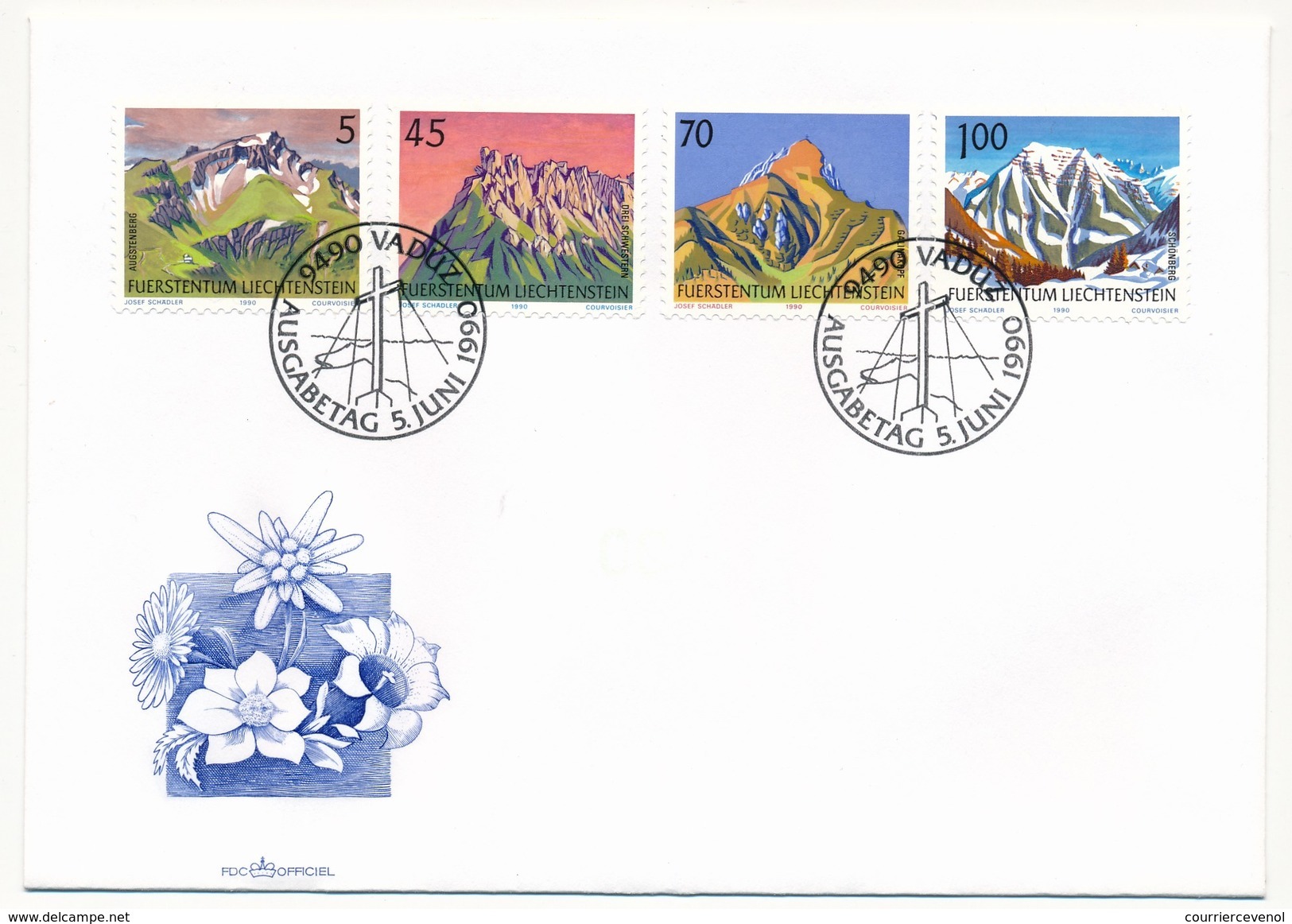 LIECHTENSTEIN - 5 Enveloppe FDC - "Massifs Montagneux" VADUZ 1990 - Geographie