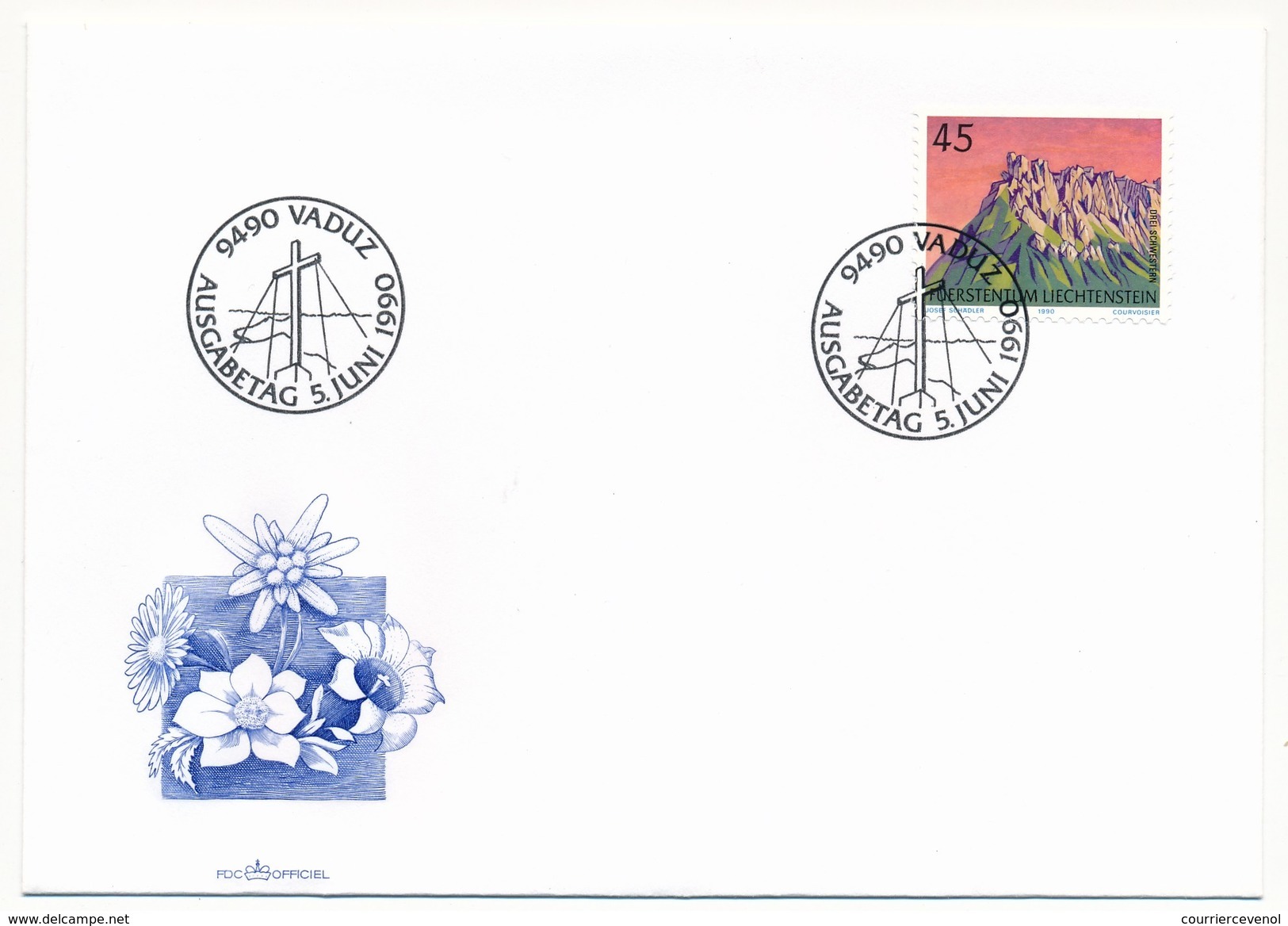 LIECHTENSTEIN - 5 Enveloppe FDC - "Massifs Montagneux" VADUZ 1990 - Geografía