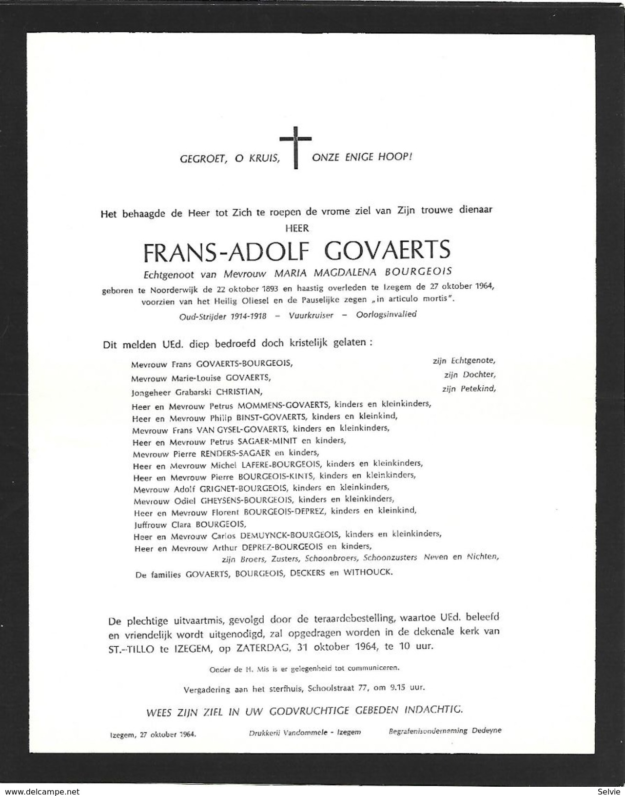 Noorderwijk - Doodsbrief Frans-Adolf Govaerts °Noorderwijk 1893 +Izegem 1964 Vuurkruiser Oudstrijder 1914-1918. - Décès