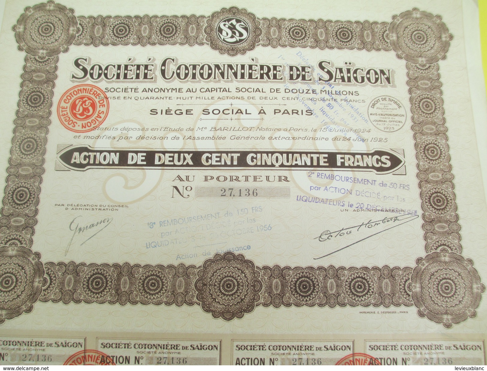 Société Cotonniére De Saïgon/Action De 250 Francs Au Porteur/Indochine/Paris /1925          ACT140 - Azië