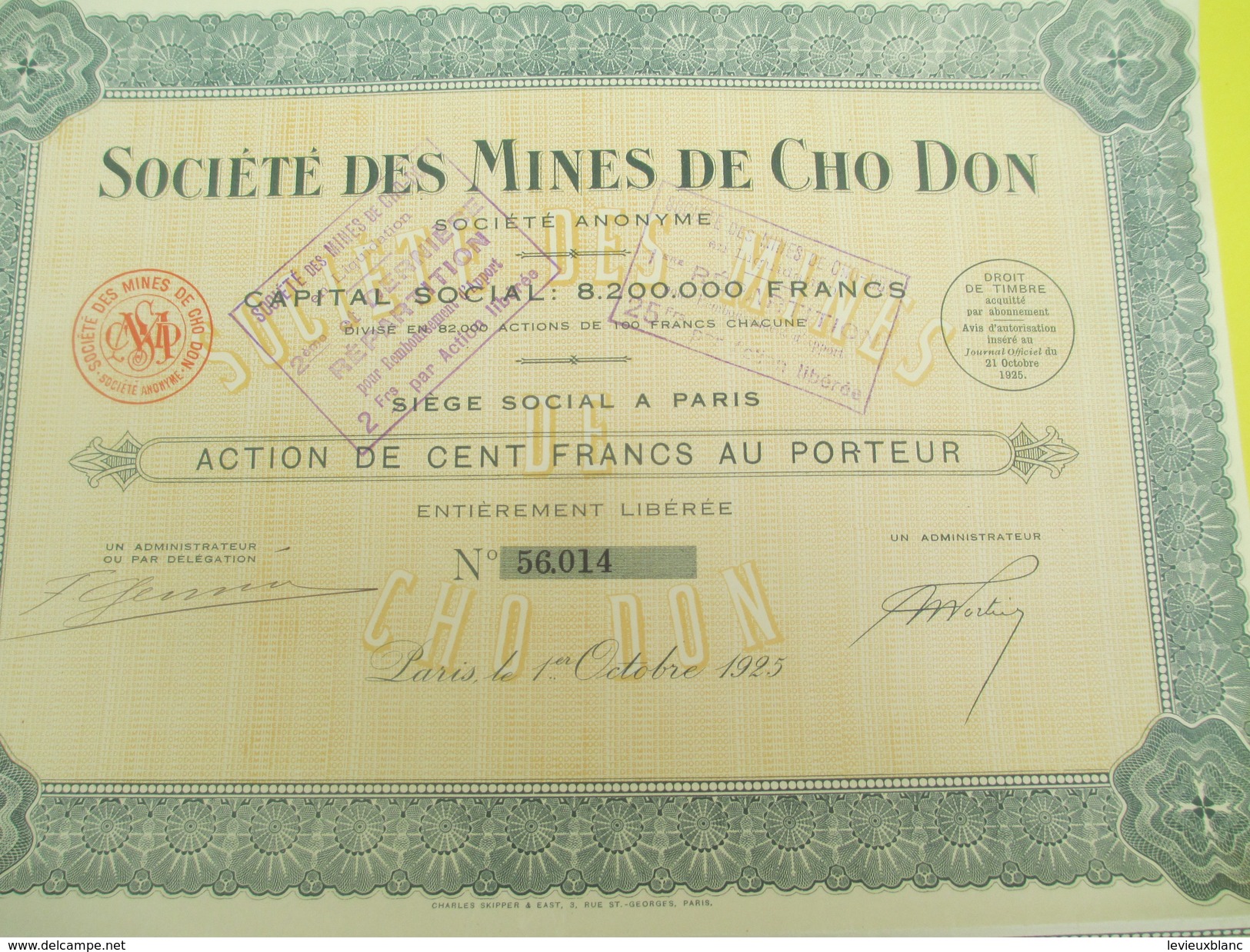 Société Des Mines De Cho-Don/Action De 100 Francs Au Porteur/Indochine/Paris /1925          ACT141 - Asia