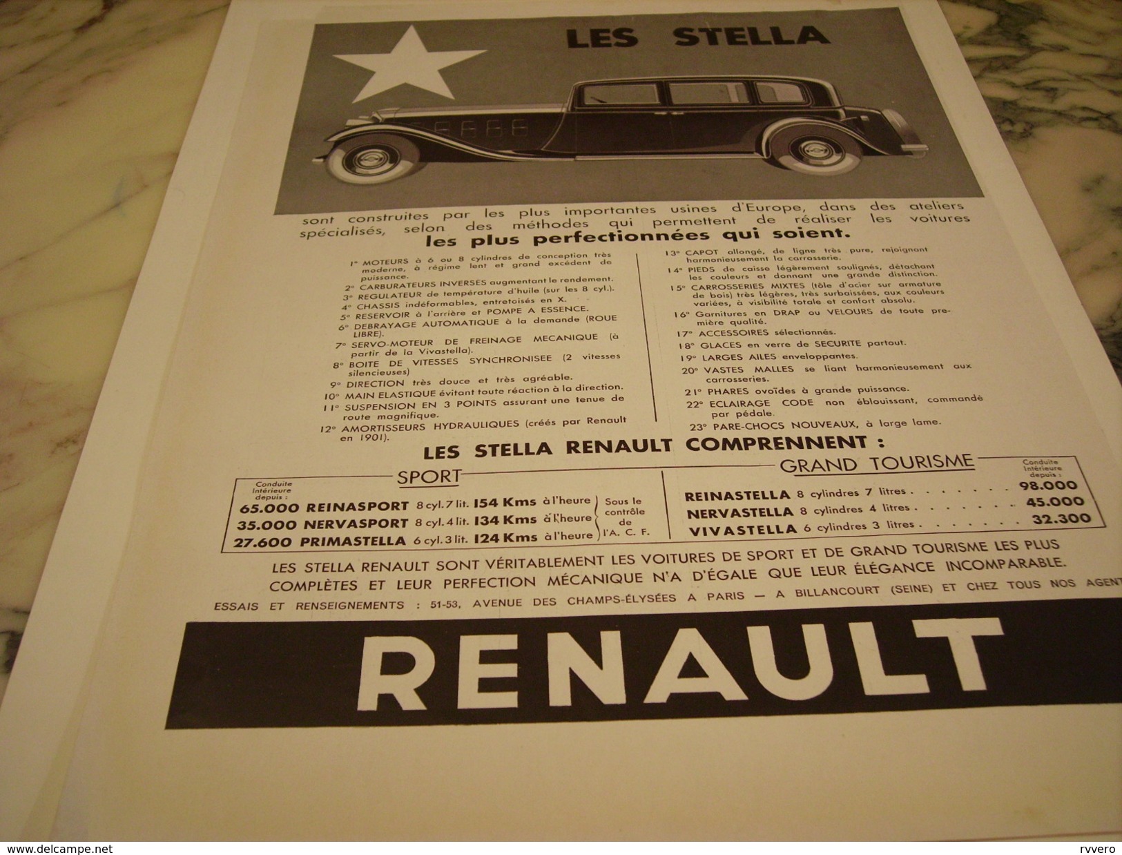 ANCIENNE PUBLICITE VOITURE LES STELLA RENAULT 1933 - Voitures