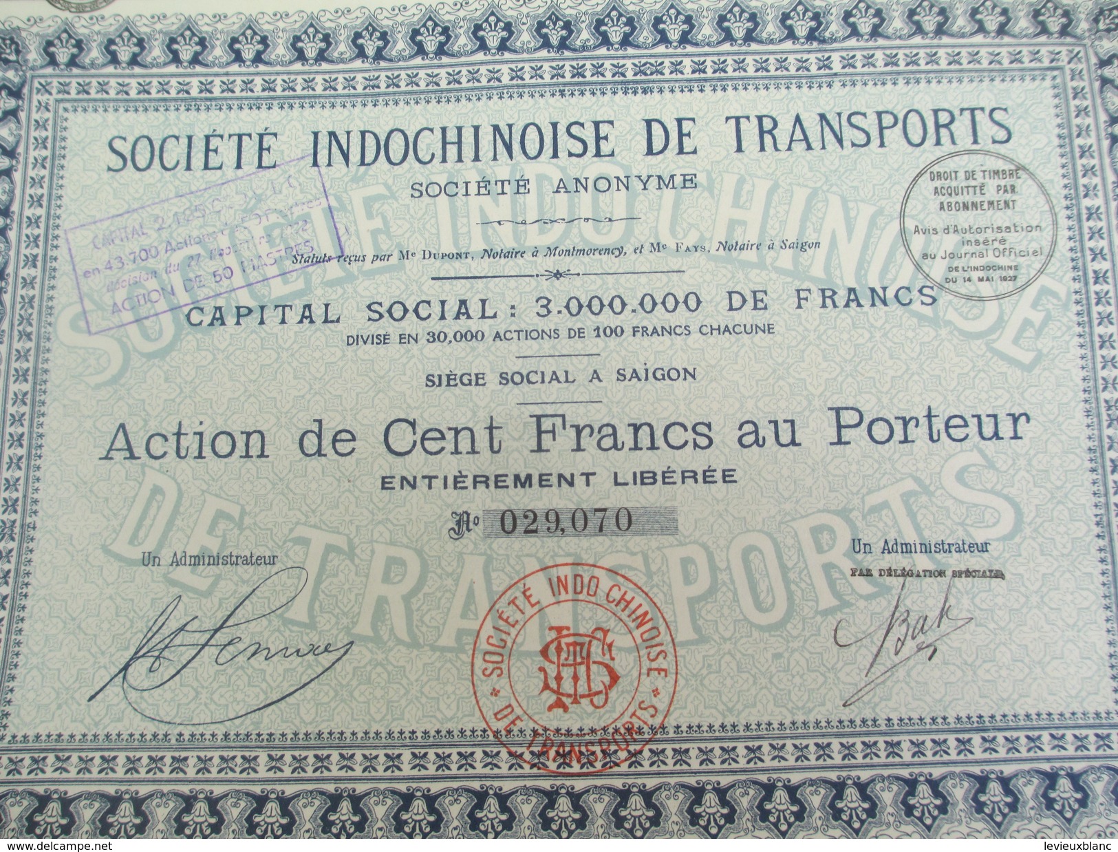 Société Indochinoise De Transports/Société Anonyme Action De 100 Francs Au Porteur/Indochine/Saïgon/1927          ACT142 - Asien