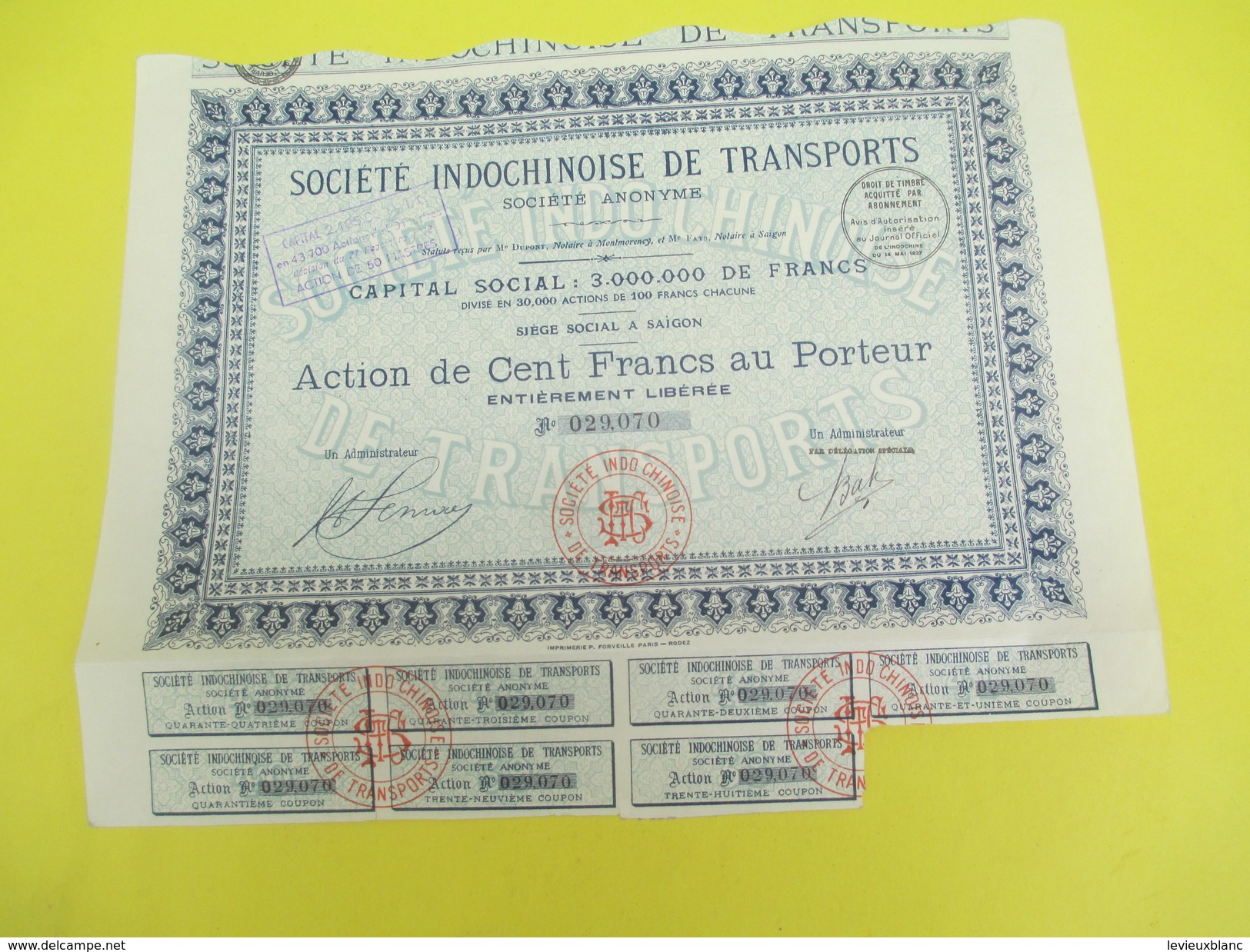 Société Indochinoise De Transports/Société Anonyme Action De 100 Francs Au Porteur/Indochine/Saïgon/1927          ACT142 - Azië