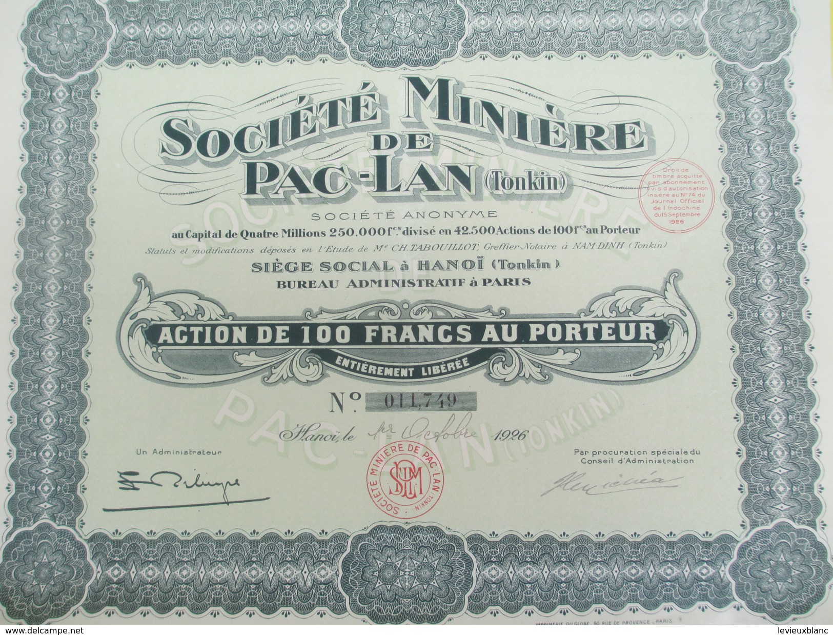 Société Miniére De Pac-Lan (Tonkin)/Société Anonyme/ Action De 100 Francs Au Porteur/Indochine/Hanoï/1926         ACT143 - Asie