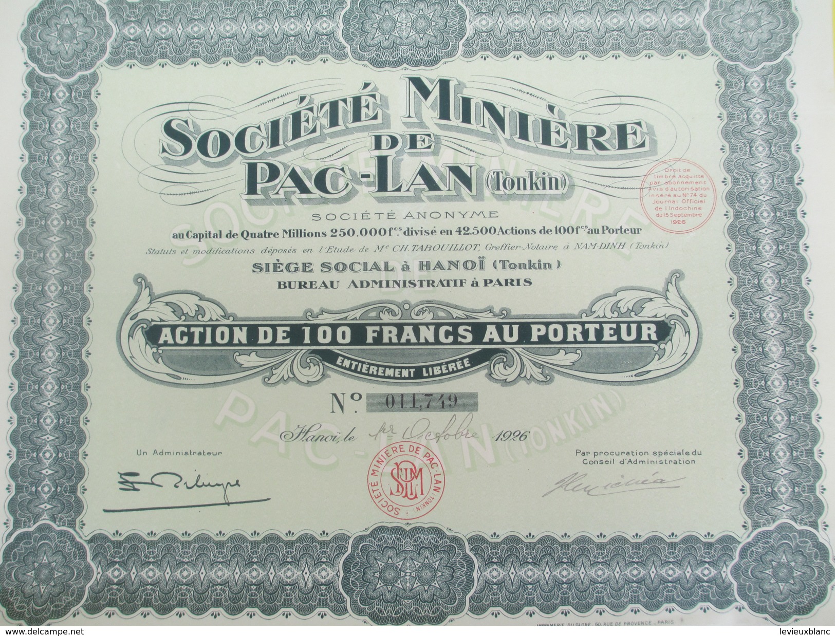 Société Miniére De Pac-Lan (Tonkin)/Société Anonyme/ Action De 100 Francs Au Porteur/Indochine/Hanoï/1926         ACT143 - Asien