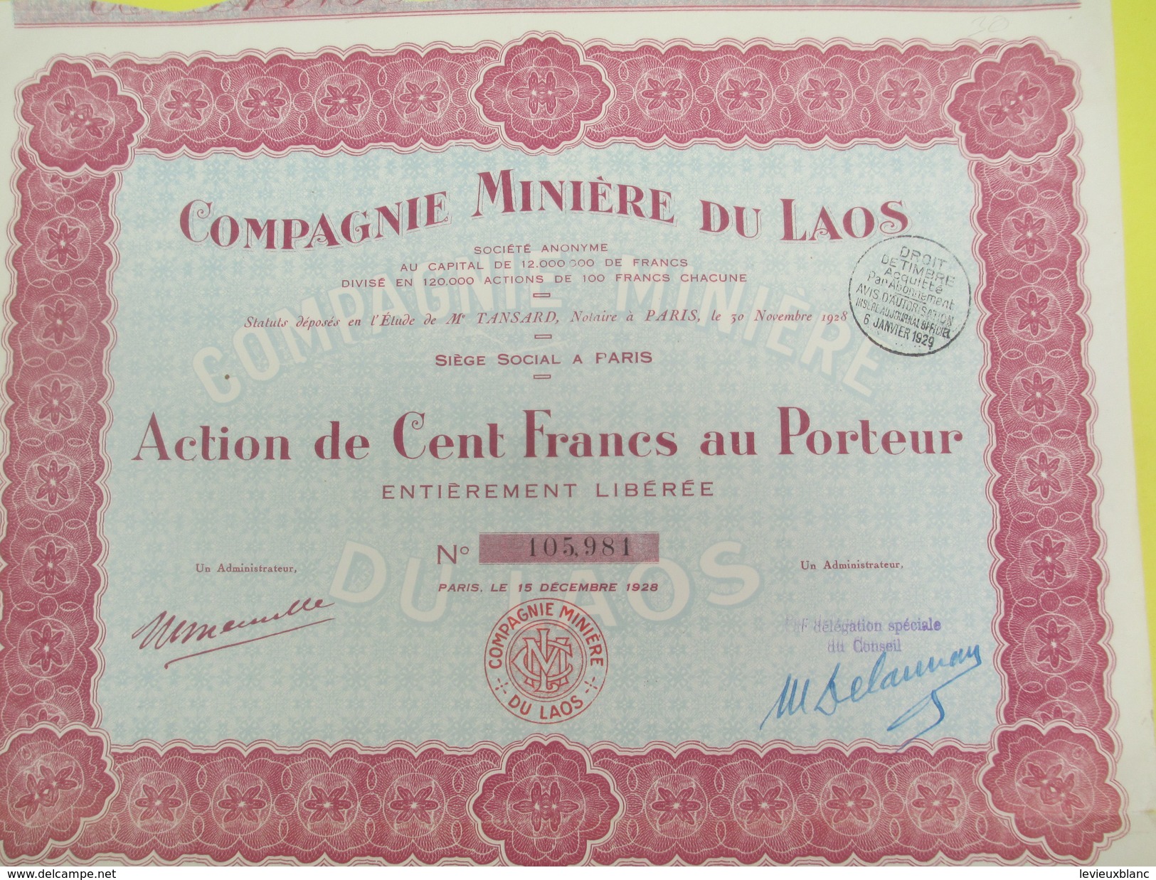 Compagnie Miniére Du LAOS)/Société Anonyme/ Action De 100 Francs Au Porteur/Indochine/Paris/1928         ACT144 - Asia