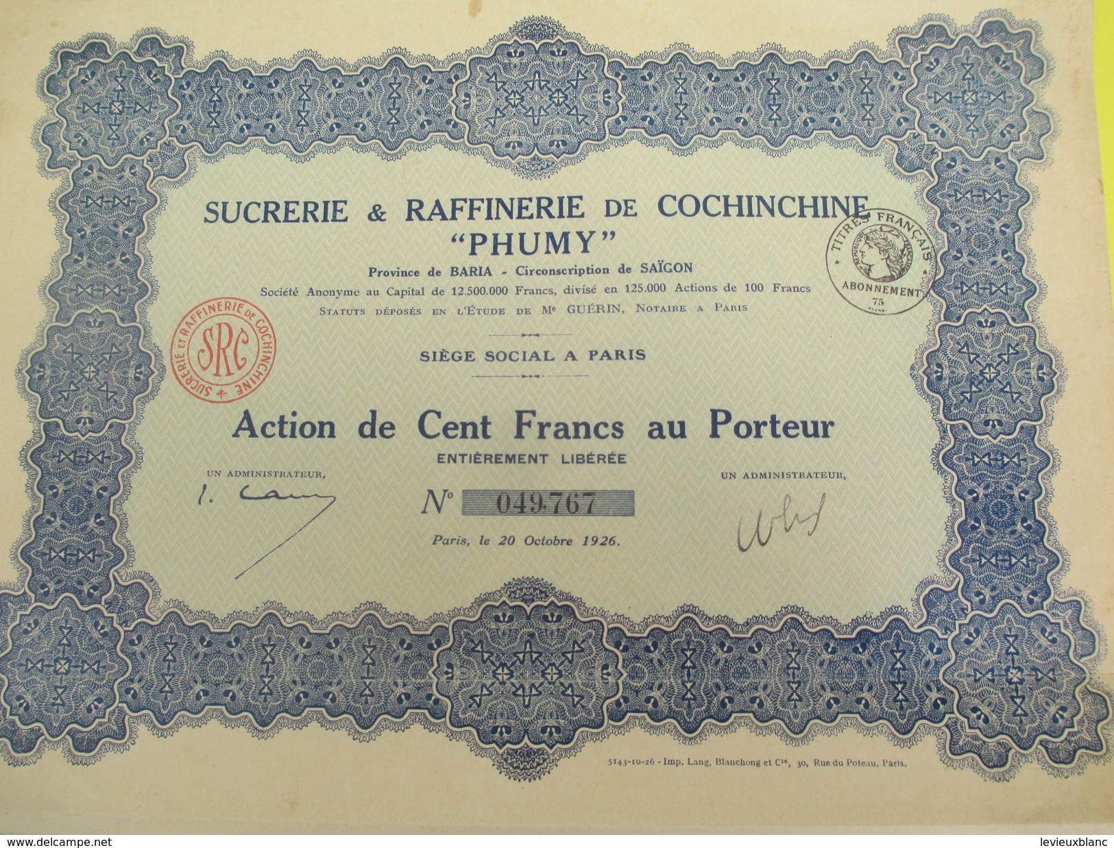 Sucrerie & Raffinerie De Cochinchine/Société Anonyme/ Action De 100 Francs Au Porteur/Indochine/Paris/1926    ACT145 - Asie