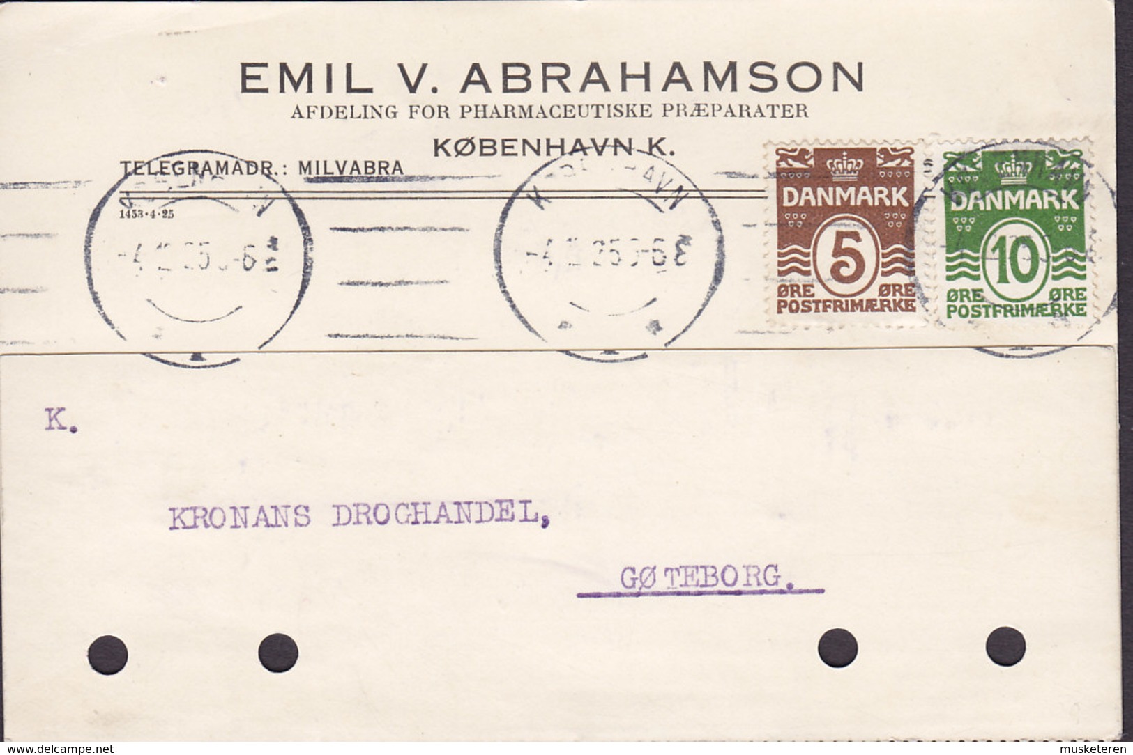 Denmark EMIL V. ABRAHAMSON Pharmaceutiske Præp. TMS Cds. KØBENHAVN 1925 Card Karte GÖTEBORG Sweden (2 Scans) - Lettres & Documents