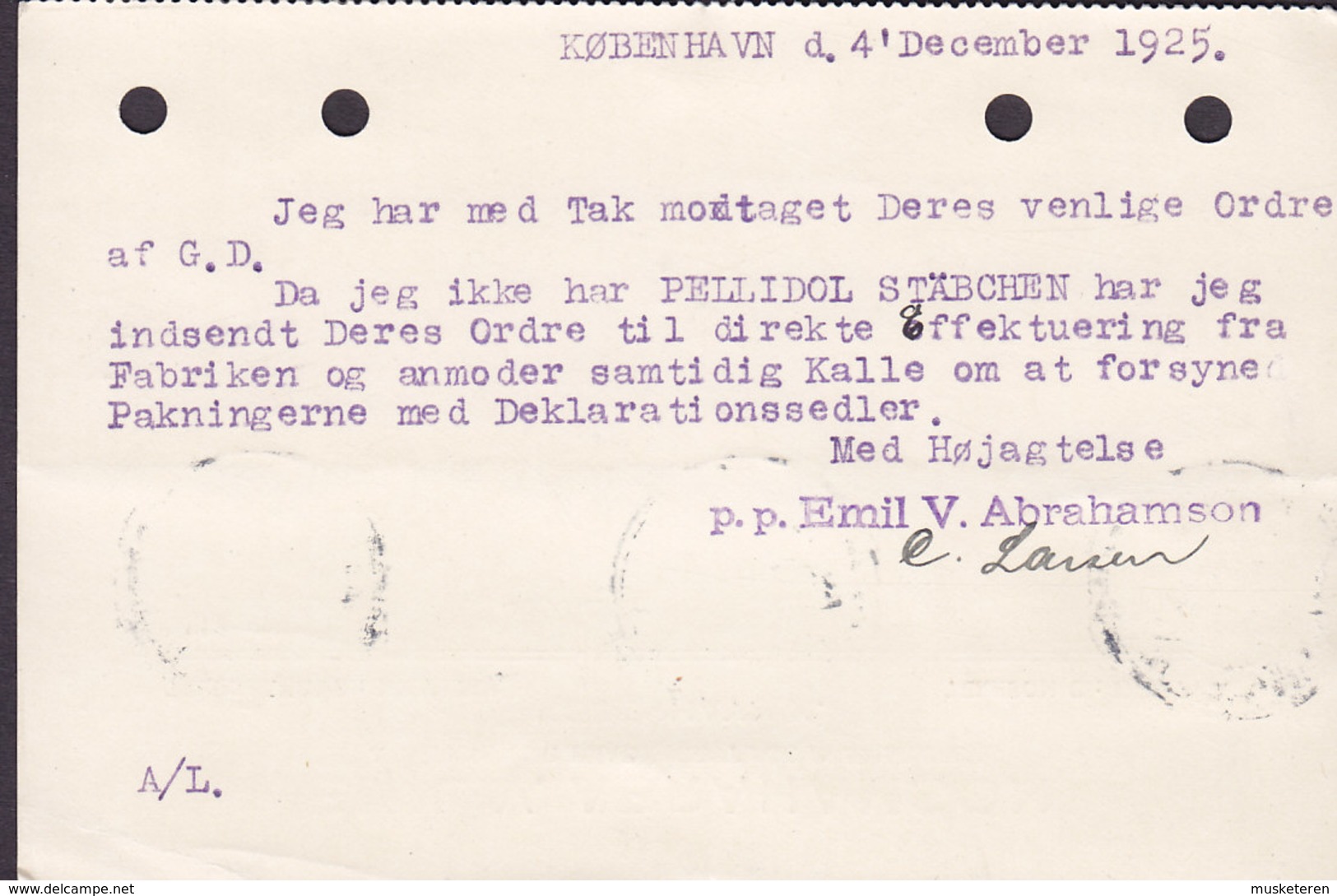 Denmark EMIL V. ABRAHAMSON Pharmaceutiske Præp. TMS Cds. KØBENHAVN 1925 Card Karte GÖTEBORG Sweden (2 Scans) - Briefe U. Dokumente