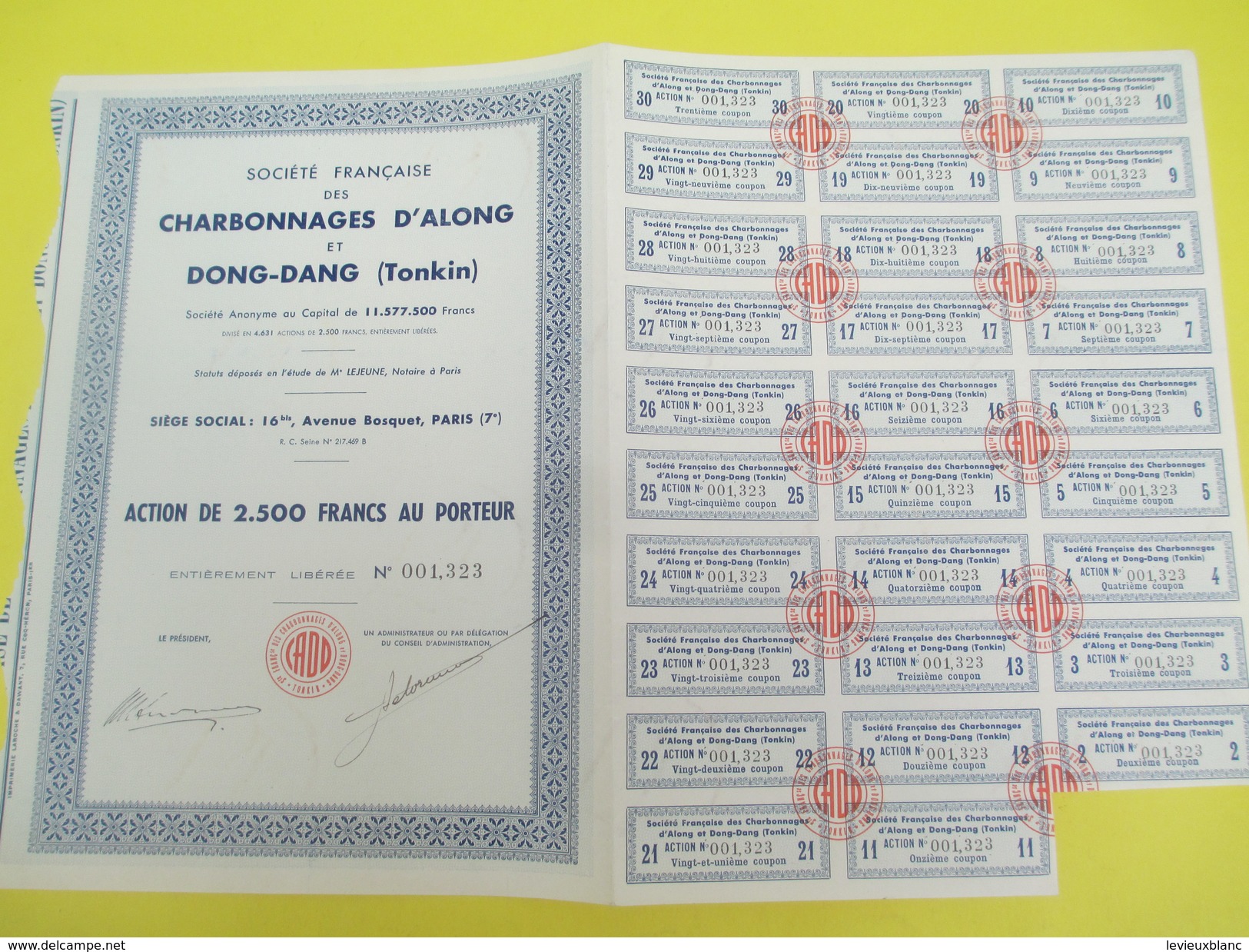 Société Fr Des Charbonnages D'Along Et Dong-Dang/S.A./Action 2500 Francs Au Porteur/Indochine/Paris/Vers 1950    ACT147 - Asien