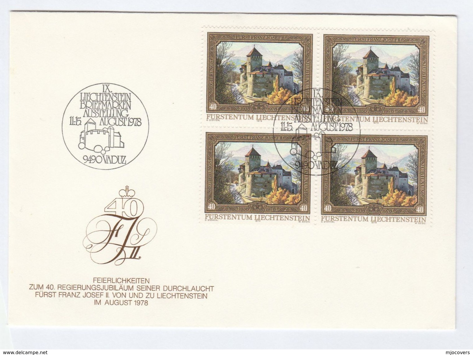 1978 LIECHTENSTEIN FDC Block 4 X CASTLE Stamps Royalty  Cover - FDC