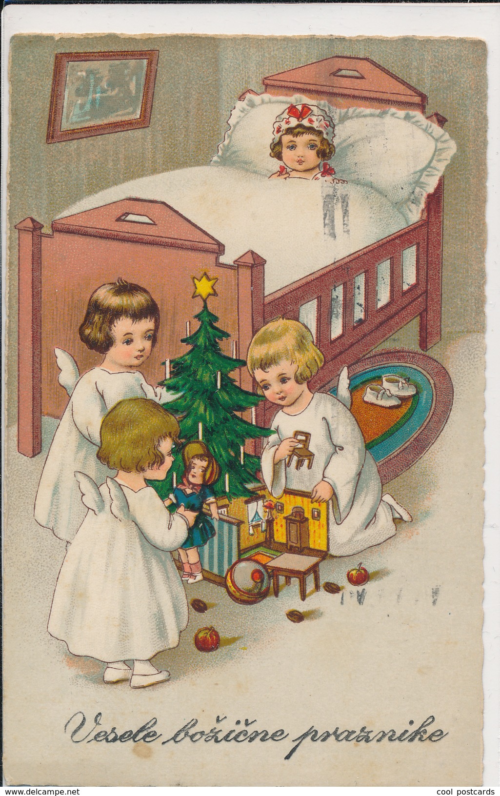 F. BAUMGARTEN?? CHRISTMAS ANGELS, GIFTS, TOYS, TREE, BABY GIRL IN BED, EX Cond. PC, Used 1932, NO SIGN. - Baumgarten, F.