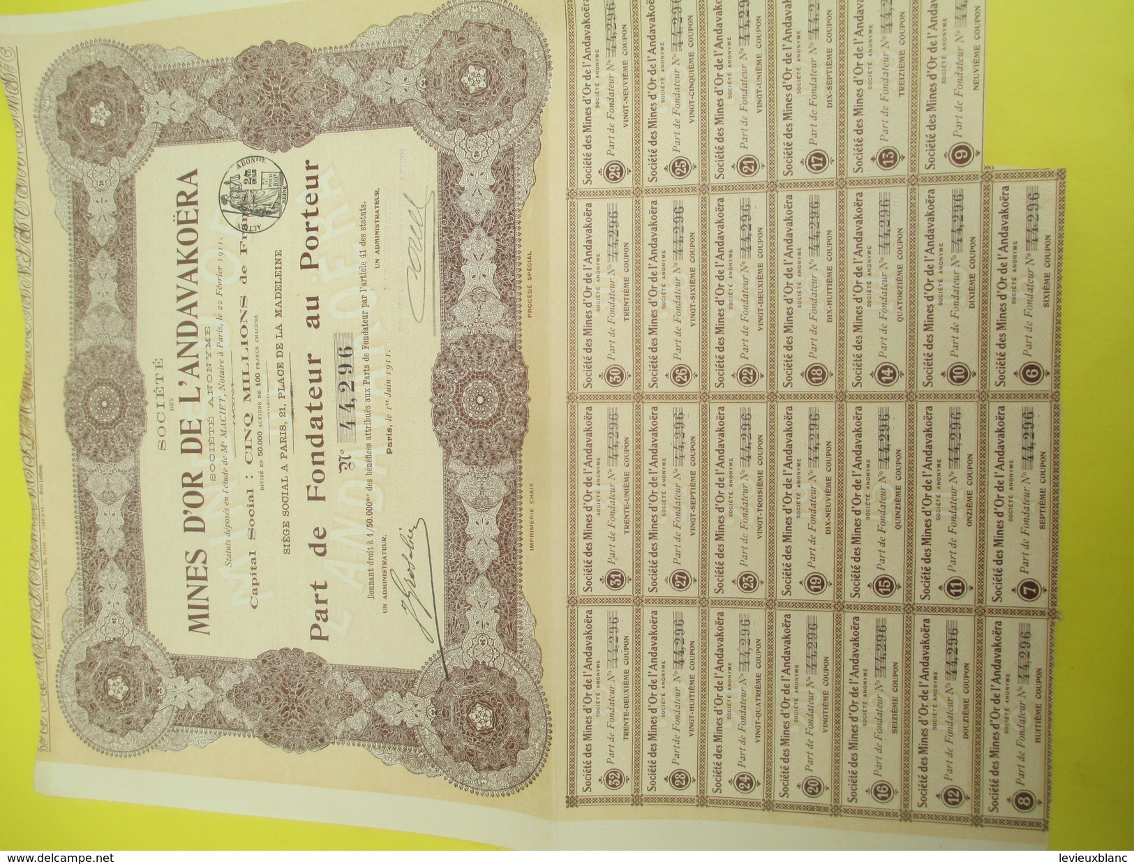 Mines D'Or De L'Andavakoëra/S.A./Part De Fondateur  Au Porteur/Madagascar/Paris/1911    ACT149 - Afrique