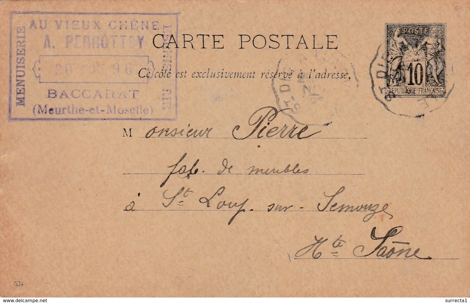Carte Commerciale / Entier 1896 / A. PERROTTEY / "Au Vieux Chêne"/ 54 Baccarat / Meurthe Et Moselle - Autres & Non Classés