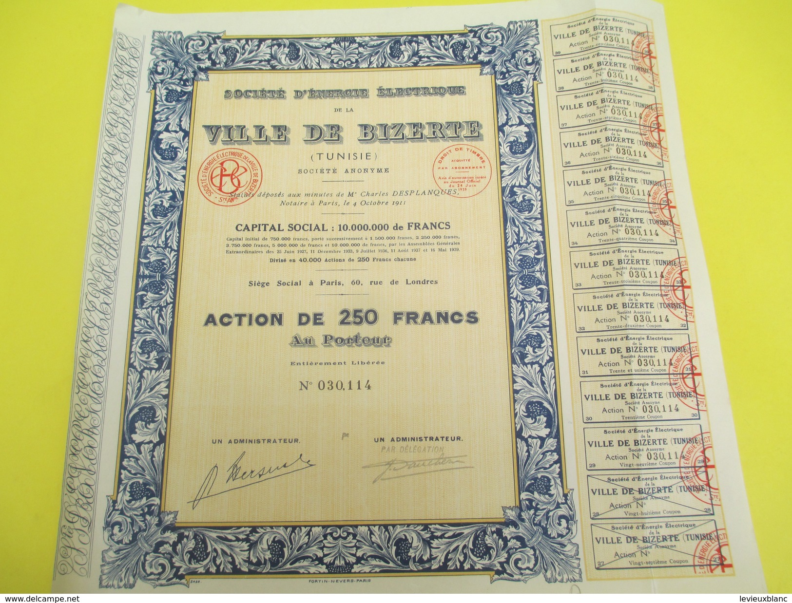 Société D'Energie Electrique De La Ville De BIZERTE/S.A./Action De 250 Francs  Au Porteur/Tunisie/Paris/1911    ACT150 - Afrika