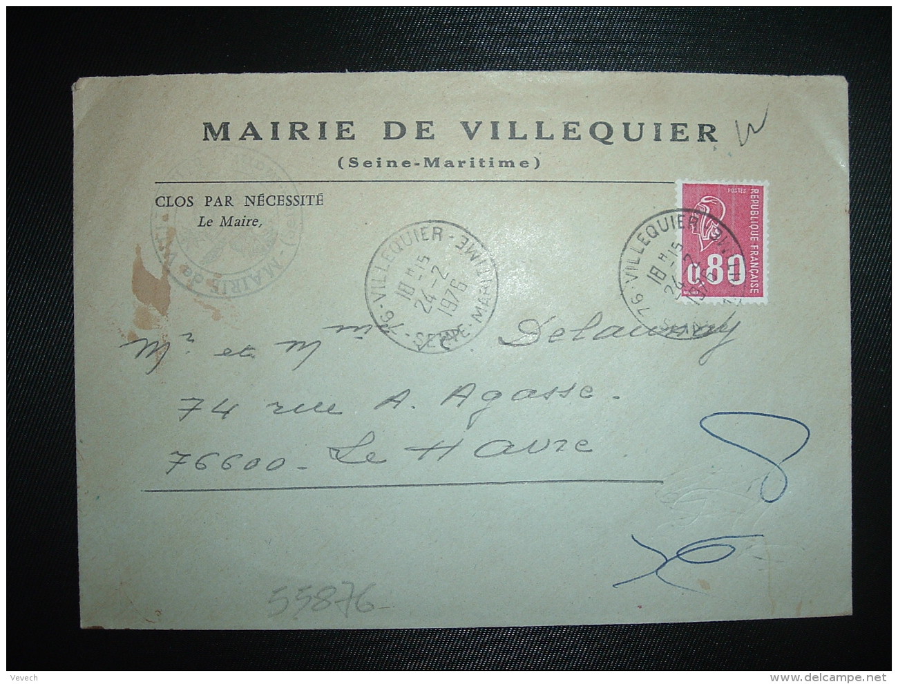 LETTRE TP MARIANNE DE BEQUET 0,80 OBL.24-2-1976 VILLEQUIER (76 SEINE-MARITIME) MAIRIE - Autres & Non Classés