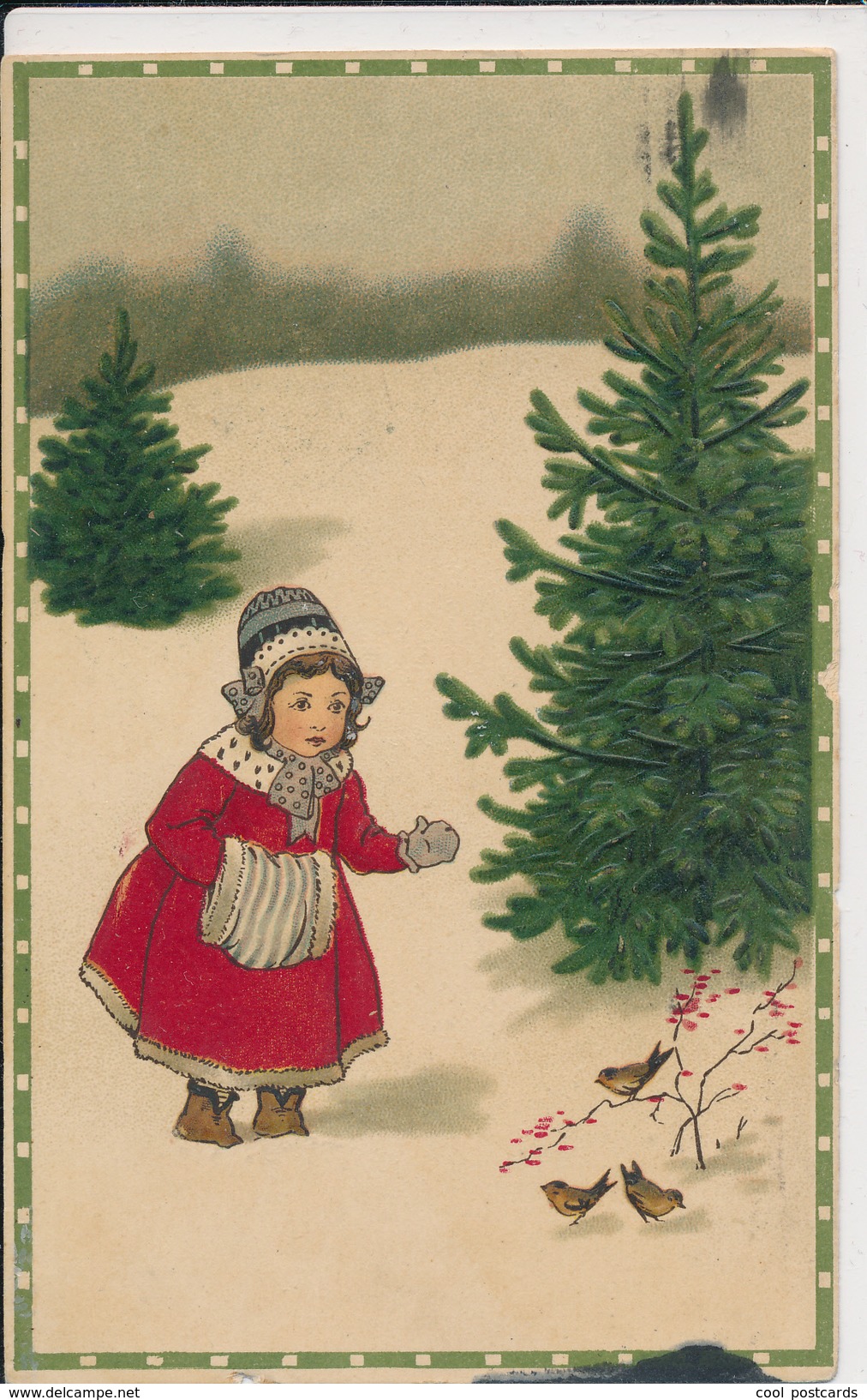 F.. BAUMGARTEN?? LITTLE GIRL IN SNOW WITH BIRDS, MUFF, FIR TREE, TANNENBAUM, EMBOSSED, EX Cond. PC, Used, NO SIGN. - Baumgarten, F.