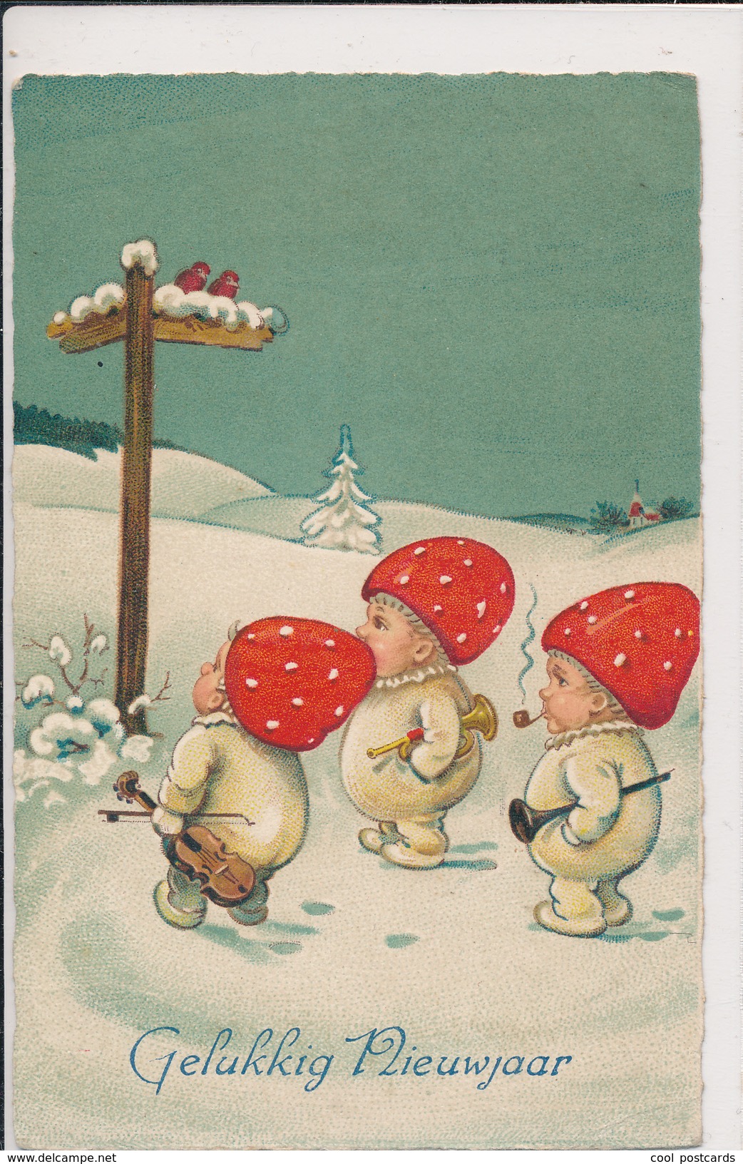 F.. BAUMGARTEN??  MUSHROOM PEOPLE, DWARF MUSICIANS, SNOW, EX Cond. PC, Used, 1930, NO SIGN. - Baumgarten, F.