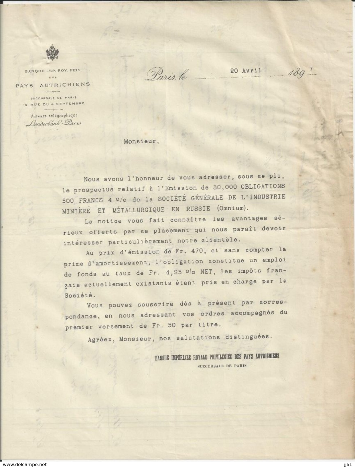 PARIS BANQUE IMPERIALE ROYALE PRIVILILEGIE DES PAYS AUTRICHIENS LETTRE OMNIUM DE RUSSIE ANNEE 1897 - Autres & Non Classés