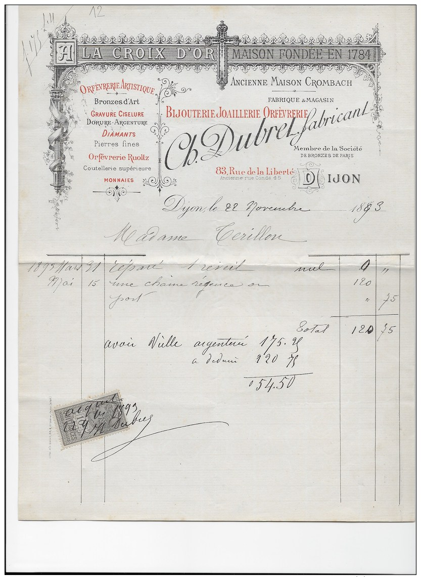 DIJON 1893:  A LA CROIX D'OR, Bijouterie Ch. DUBRET  83 Rue De La Liberté   Ref 12 - 1800 – 1899