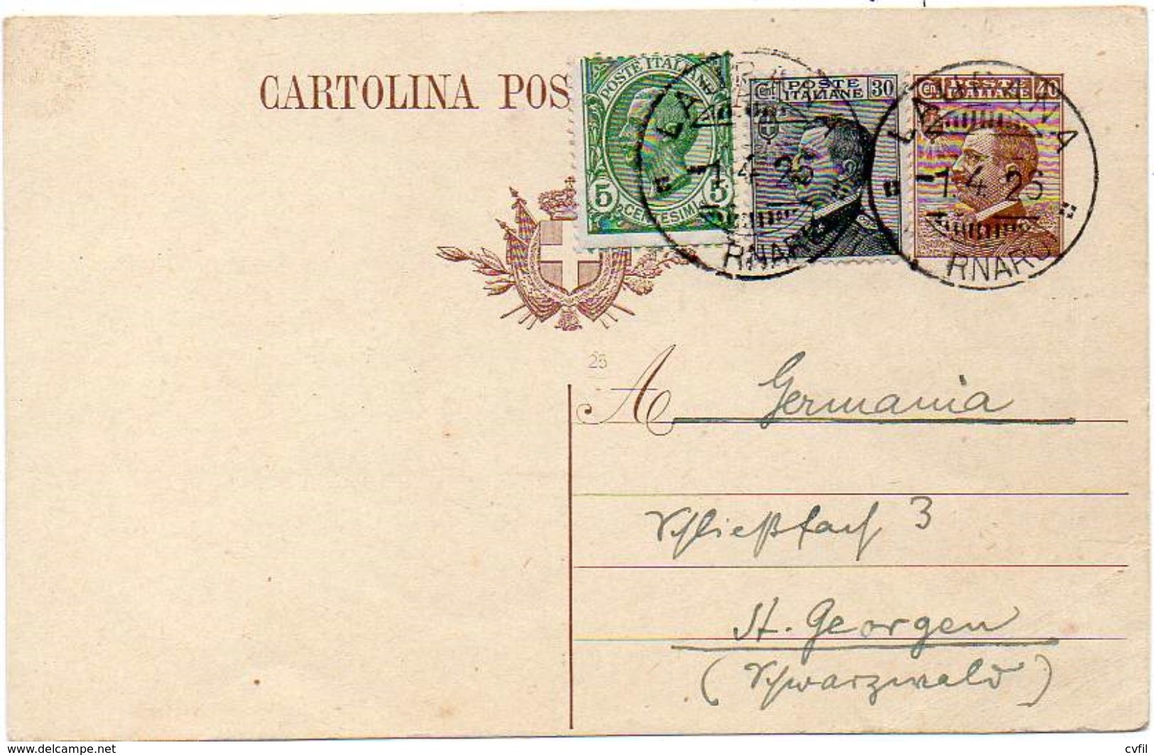 ITALY / ITALIA 1926. Entire P.C. Cartolina Postale Da 40 Cent. Brown, From Laurana, Carnaro To St. Georgen, Germany - Interi Postali