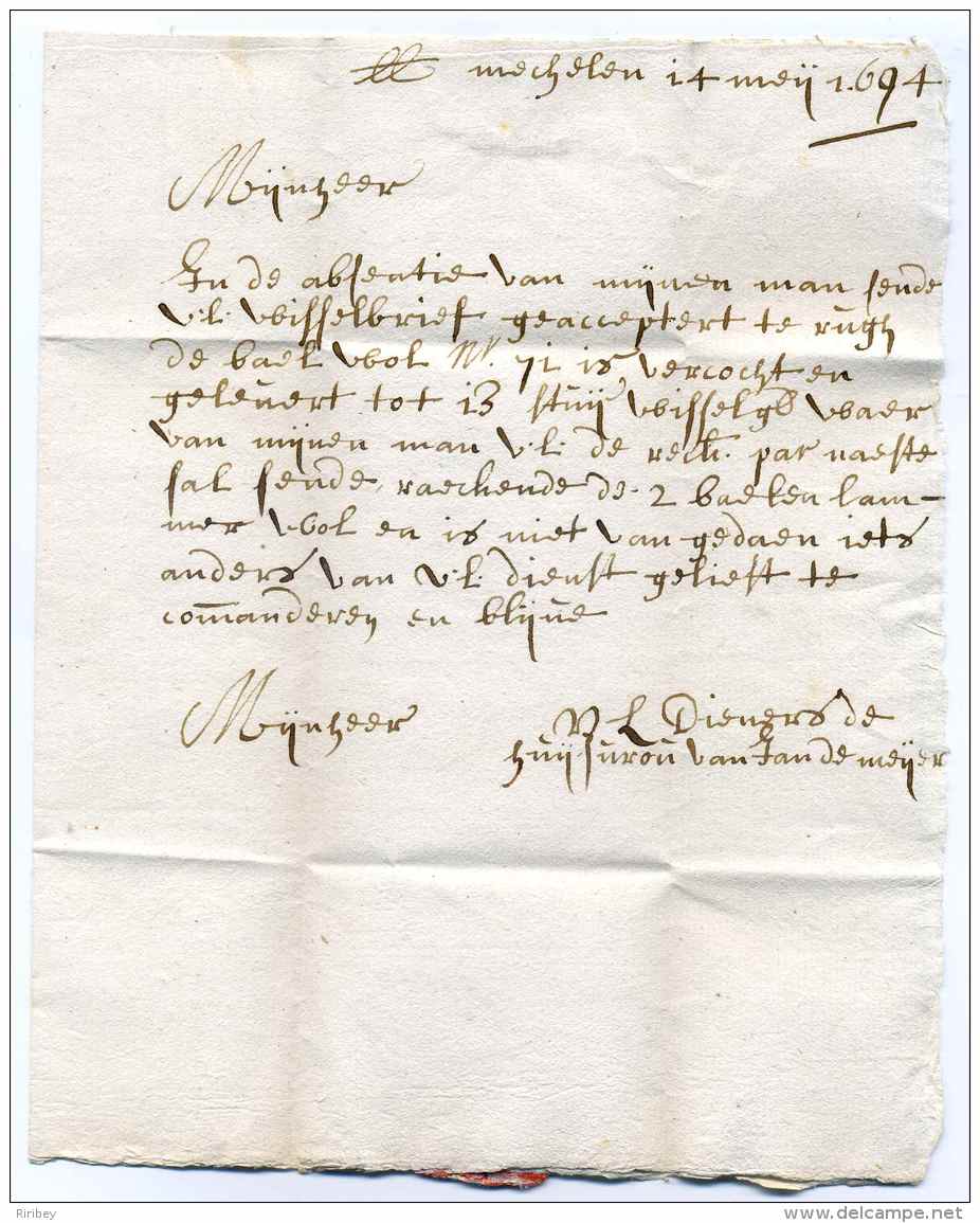 Lettre De MALINES / 14 Mai 1694 / BELGIQUE - 1621-1713 (Pays-Bas Espagnols)