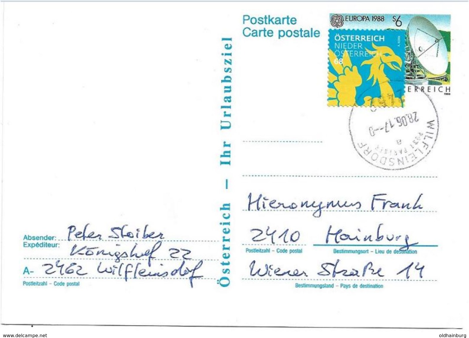 4160f: Auslandspostkarte Europa Cept 1988, Aufbrauch Einer Alten ÖS- Postkarte über Kleinen Postpartner In Der Eurozeit - 1988