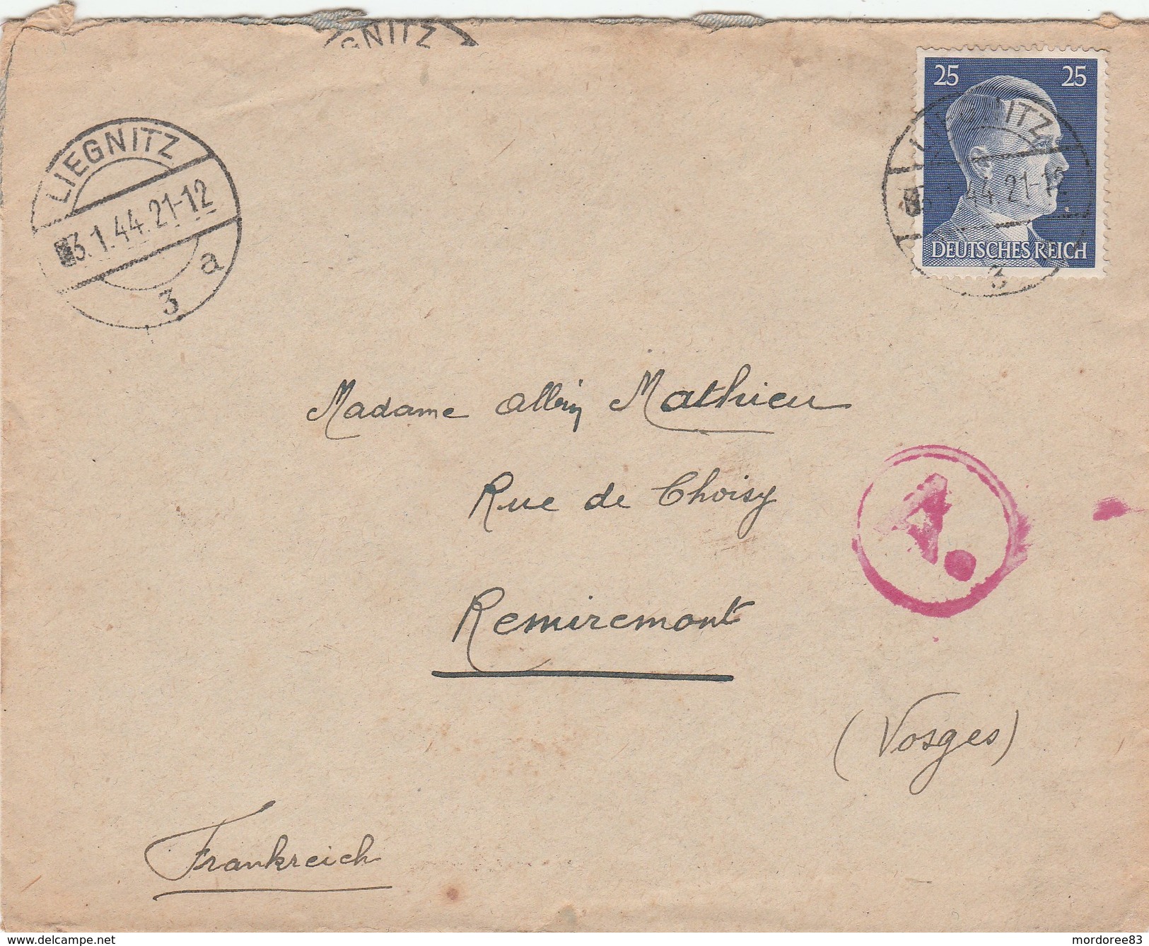 HITLER 25PF SUR LETTRE LIEGNITZ 3/1/44 +CENSURE S.T.O POUR FRANCE - Campo Di Prigionieri