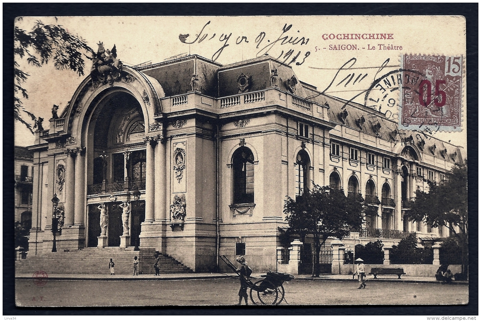 CPA ANCIENNE- INDOCHINE FRANCAISE- SAÏGON- LE THEATRE EN TRES GROS PLAN- ANIMATION- POUSSE-POUSSE - Viêt-Nam