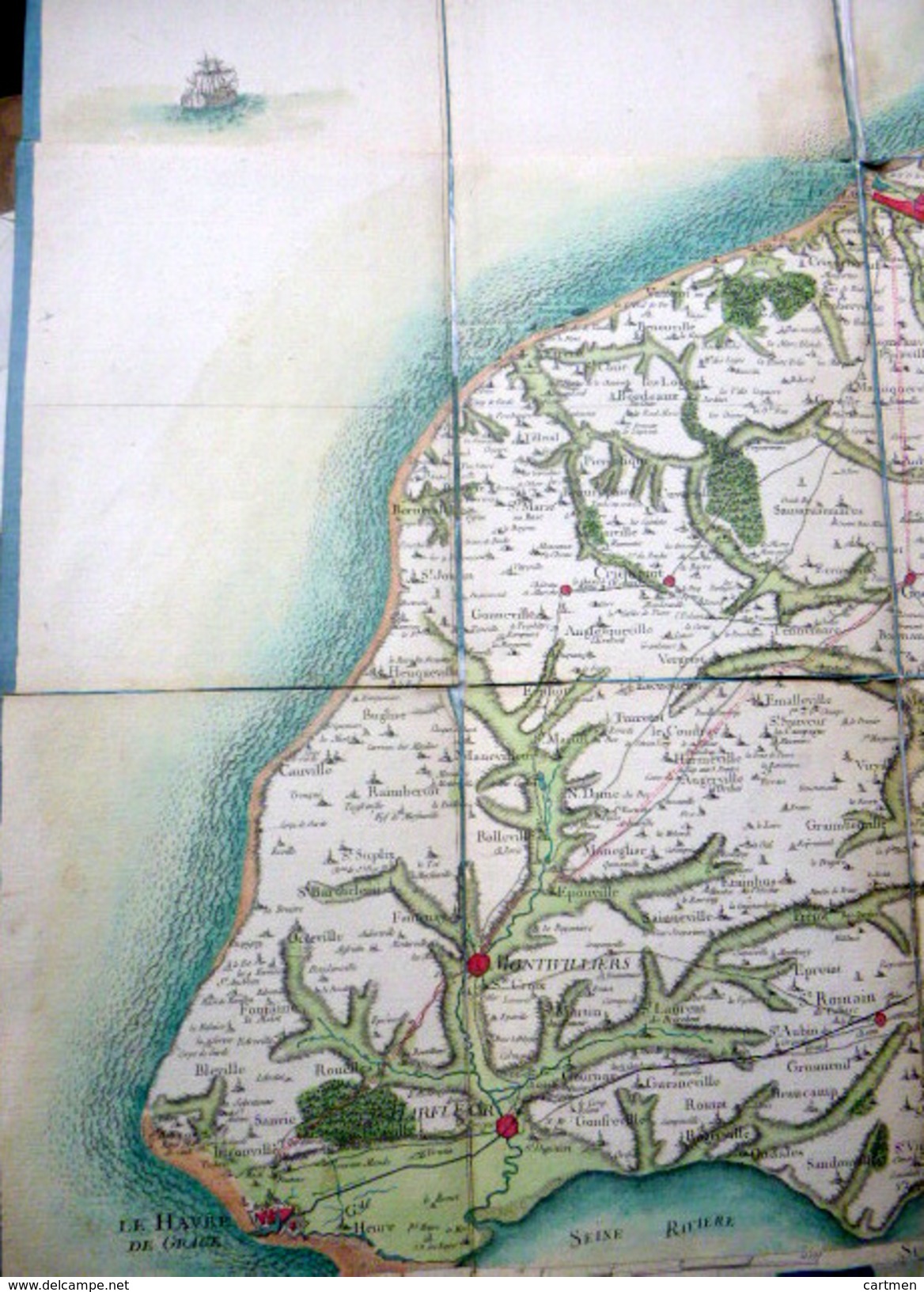 76 NORMANDIE BELLE CARTE ANCIENNE DU PAYS DE CAUX  BOLBEC LE HAVRE YVETOT SAINT VALERY  XVIII° SIECLE COLORIS D'EPOQUE - Cartes Géographiques