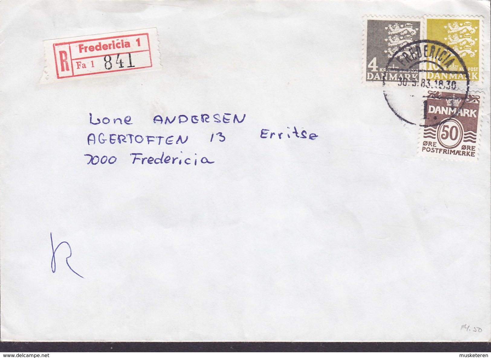 Denmark Registered Recommandé Einschreiben Label Bro IId FREDERICIA (1.) 1983 Cover Brief 3-Colour Franking - Briefe U. Dokumente