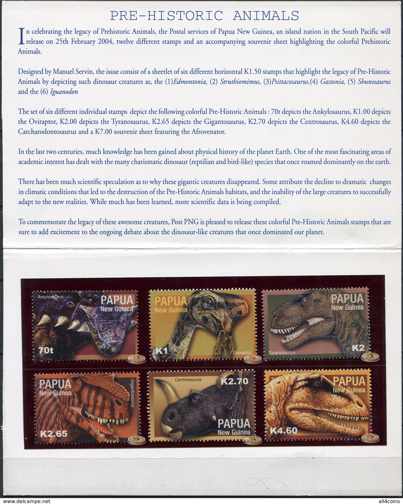Papua New Guinea. 2004. Pre-historic Animals. Stamp Pack (MNH OG **) Set Of 6 Stamps #DLC.ST-003880 - Papua New Guinea