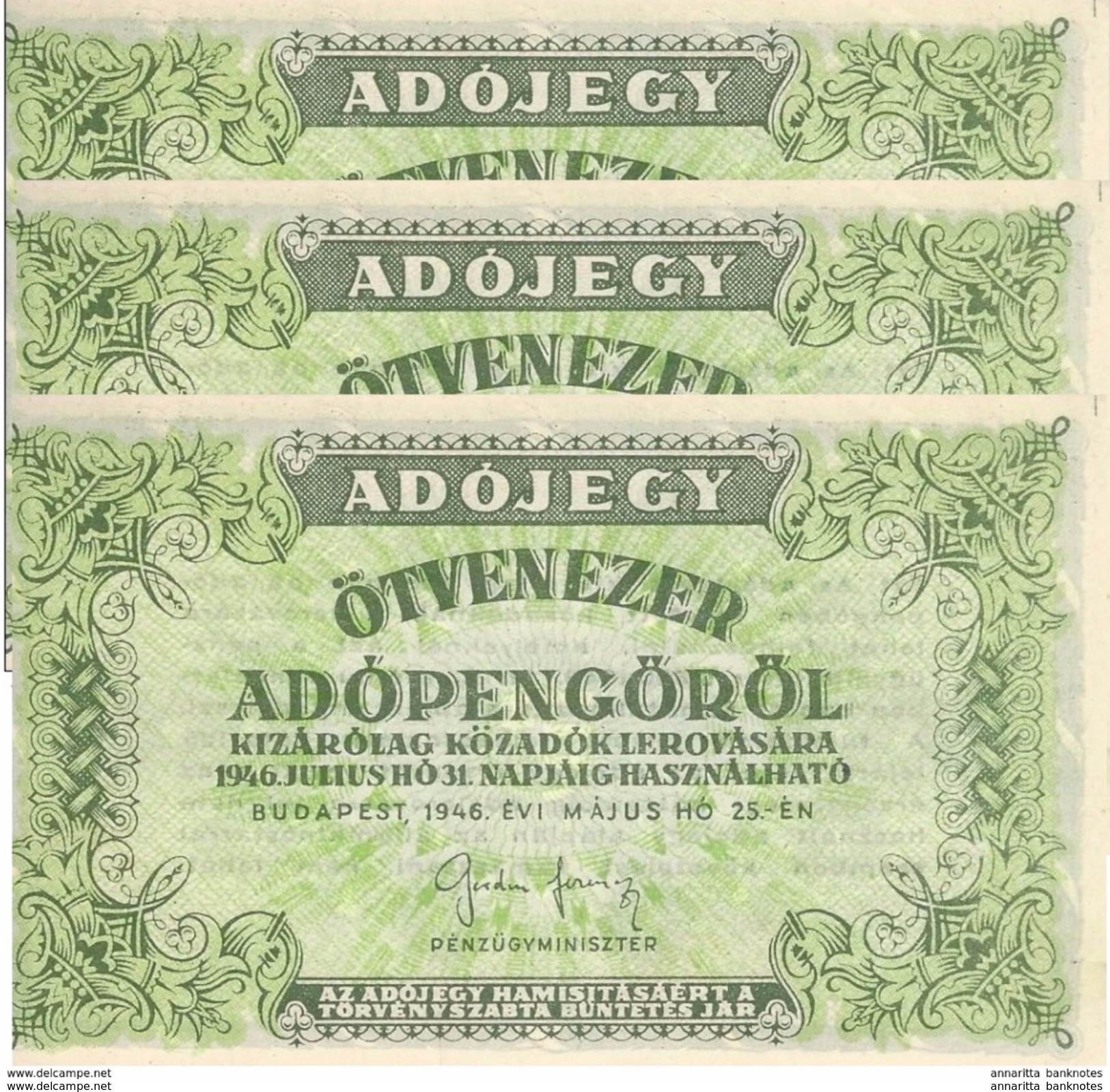 HONGRIE 50000 ADOPENGÖ 1946 P-138c NEUF SANS NUMÉRO DE SÉRIE 3 PCS [ HU138c ] - Hongrie