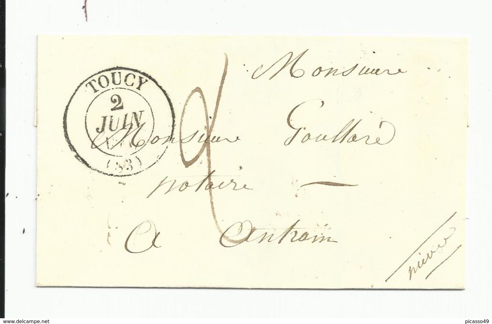 Yonne , Toucy , Nièvre , Entrain Sur Nohain , Cachet Type 13 Du 2 Juin 1847 En Départ ,voir Description Complète - 1801-1848: Précurseurs XIX