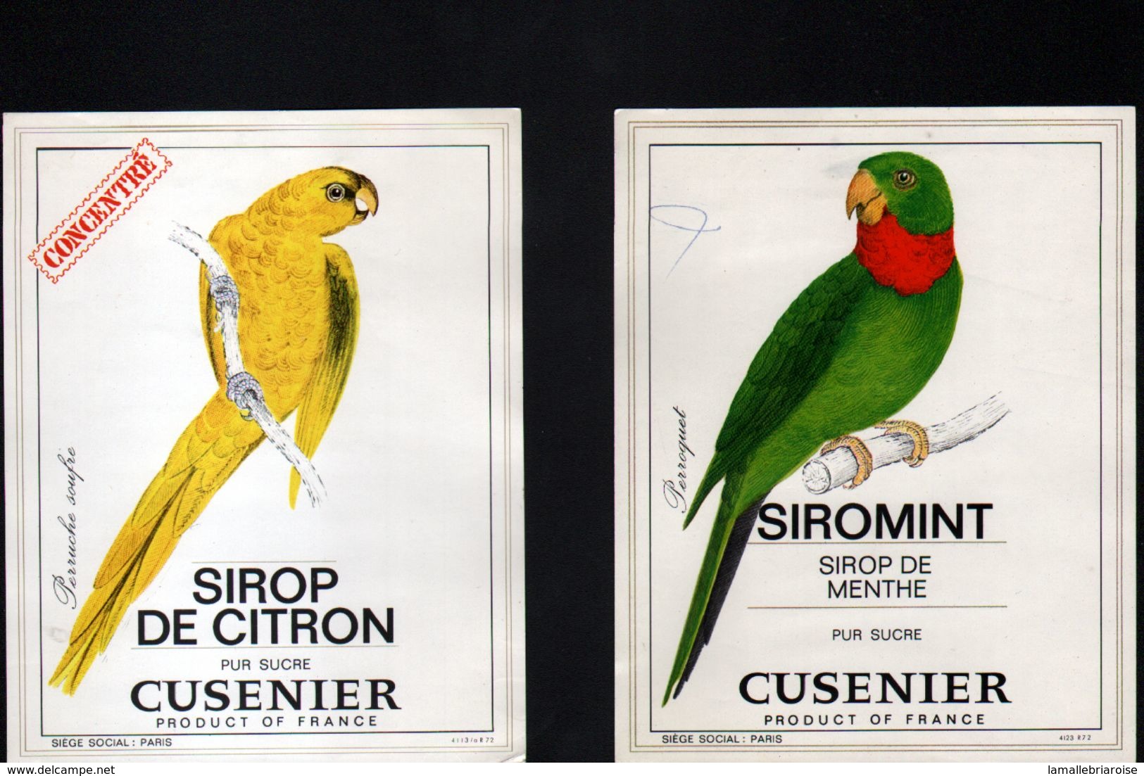 2 ETIQUETTES CUSENIER, SIROP DE MENTHE ET CITRON, Avec Perroquets - Autres & Non Classés