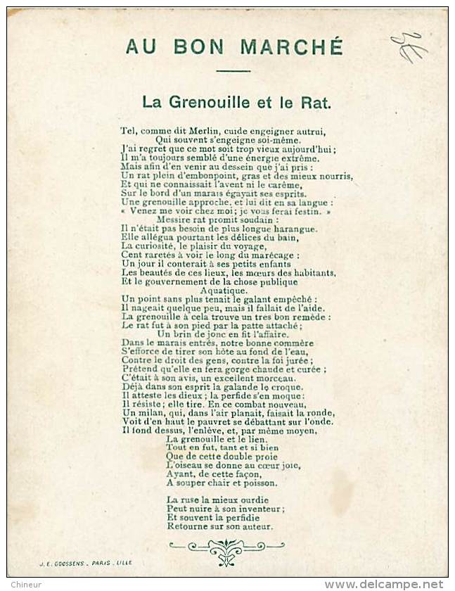 AU BON MARCHE CHROMO LA GRENOUILLE ET LE RAT - Au Bon Marché