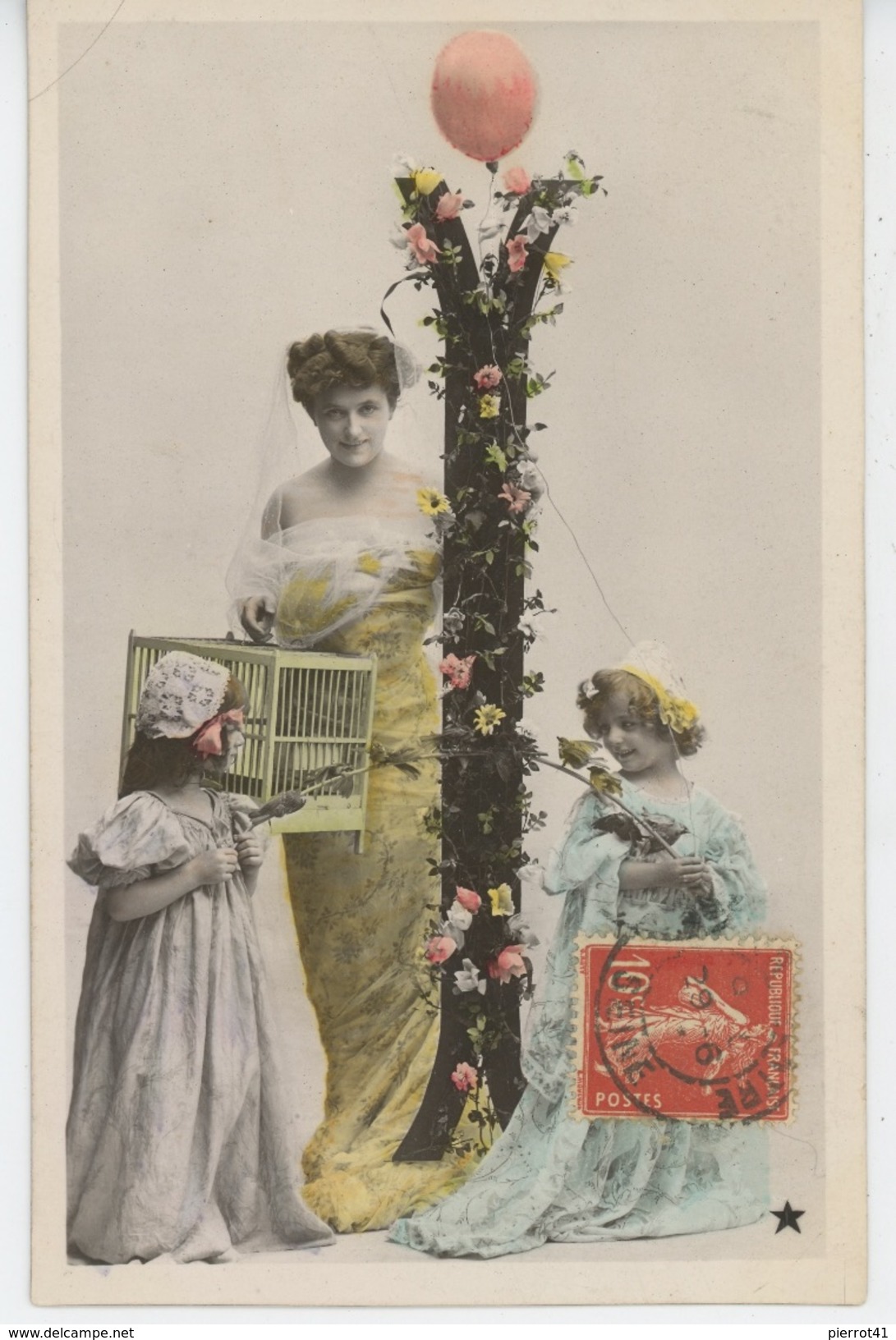 FEMMES - FRAU - LADY - Jolie Carte Fantaisie Portrait Jeune Femme Et Fillettes - Lettre De L' ALPHABET I - Donne