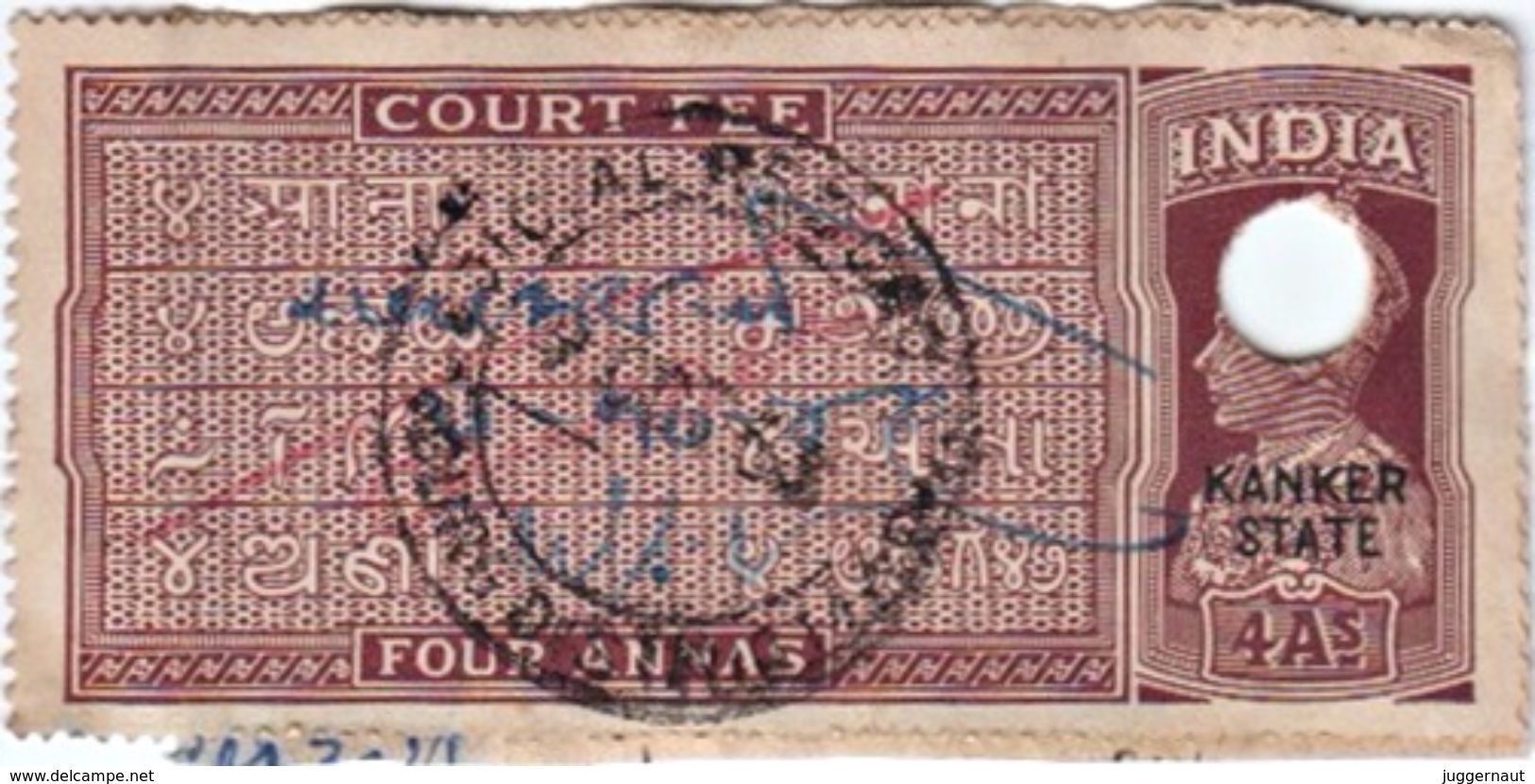 INDIA KANKER PRINCELY STATE 4-ANNAS COURT FEE STAMP 1938 GOOD/USED - Autres & Non Classés