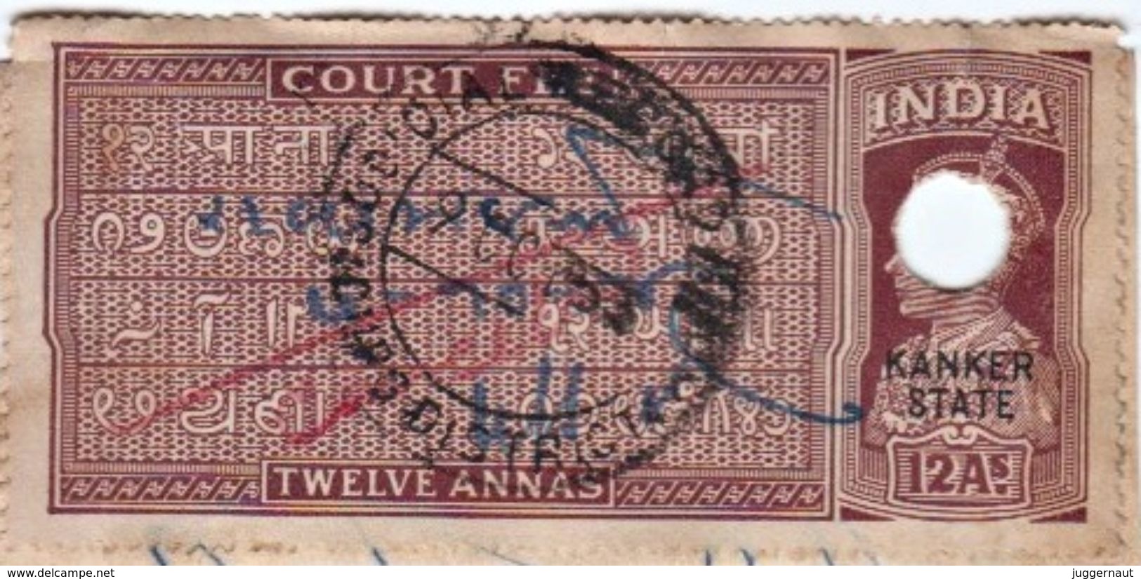 INDIA KANKER PRINCELY STATE 12-ANNAS COURT FEE STAMP 1938 GOOD/USED - Autres & Non Classés