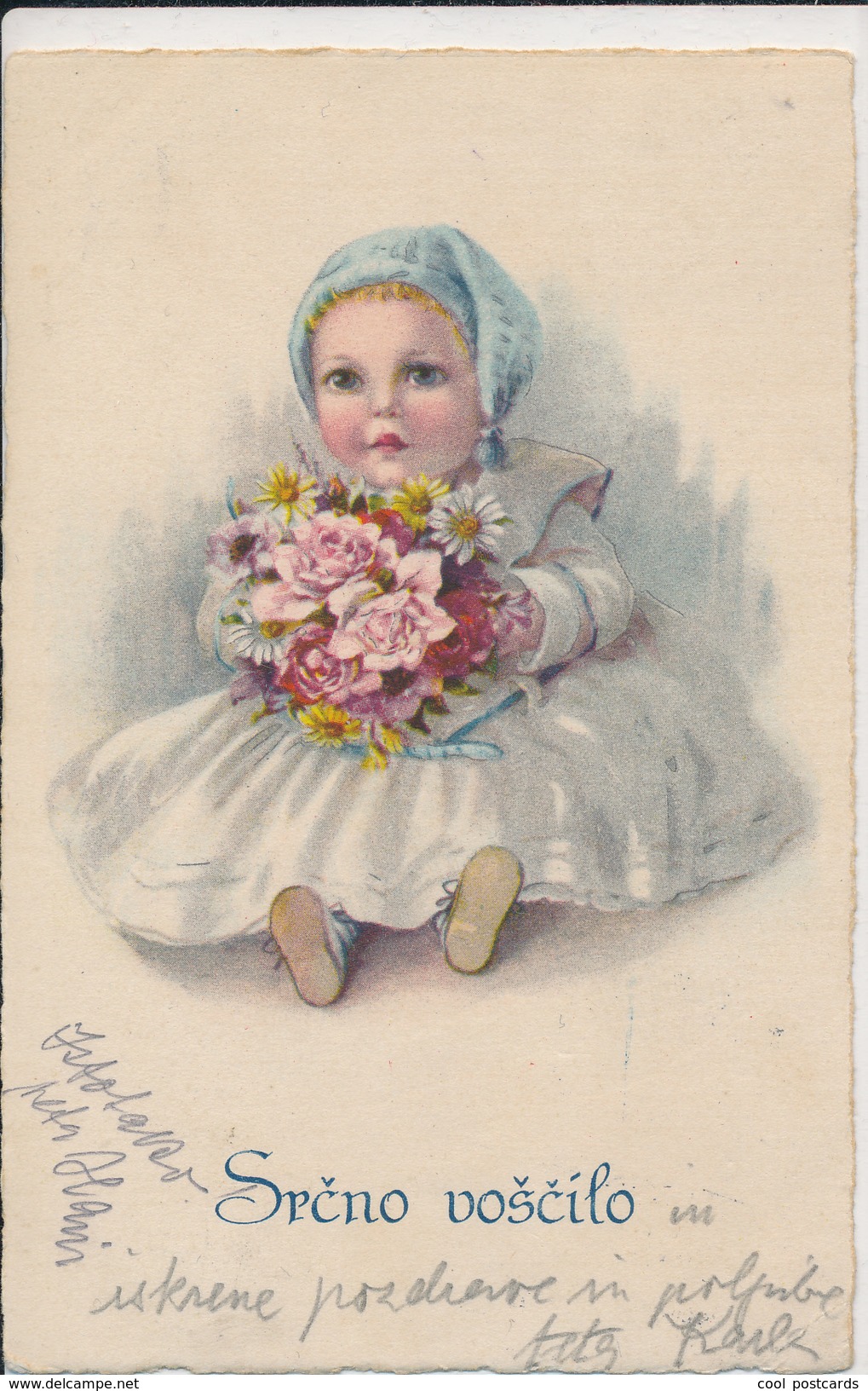 ELLY FRANK? BIRTHDAY CHILDREN, BABY BOY WITH BUNCH OF FLOWERS, EX Cond. PC, Used 1928 - Frank, Elly