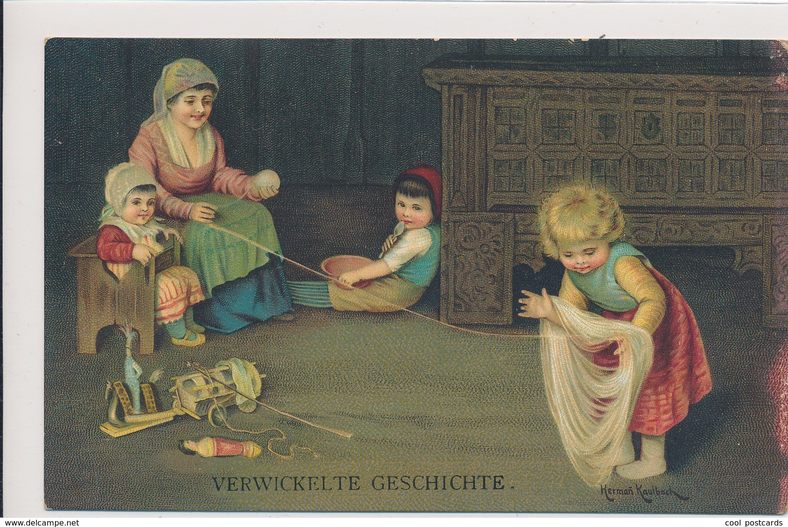 HERMAN KAULBACH, MOTHER & CHILDREN, TOYS, WOOL BALL, EX Cond. Fine Litho PC, Unused - Kaulbach, Hermann