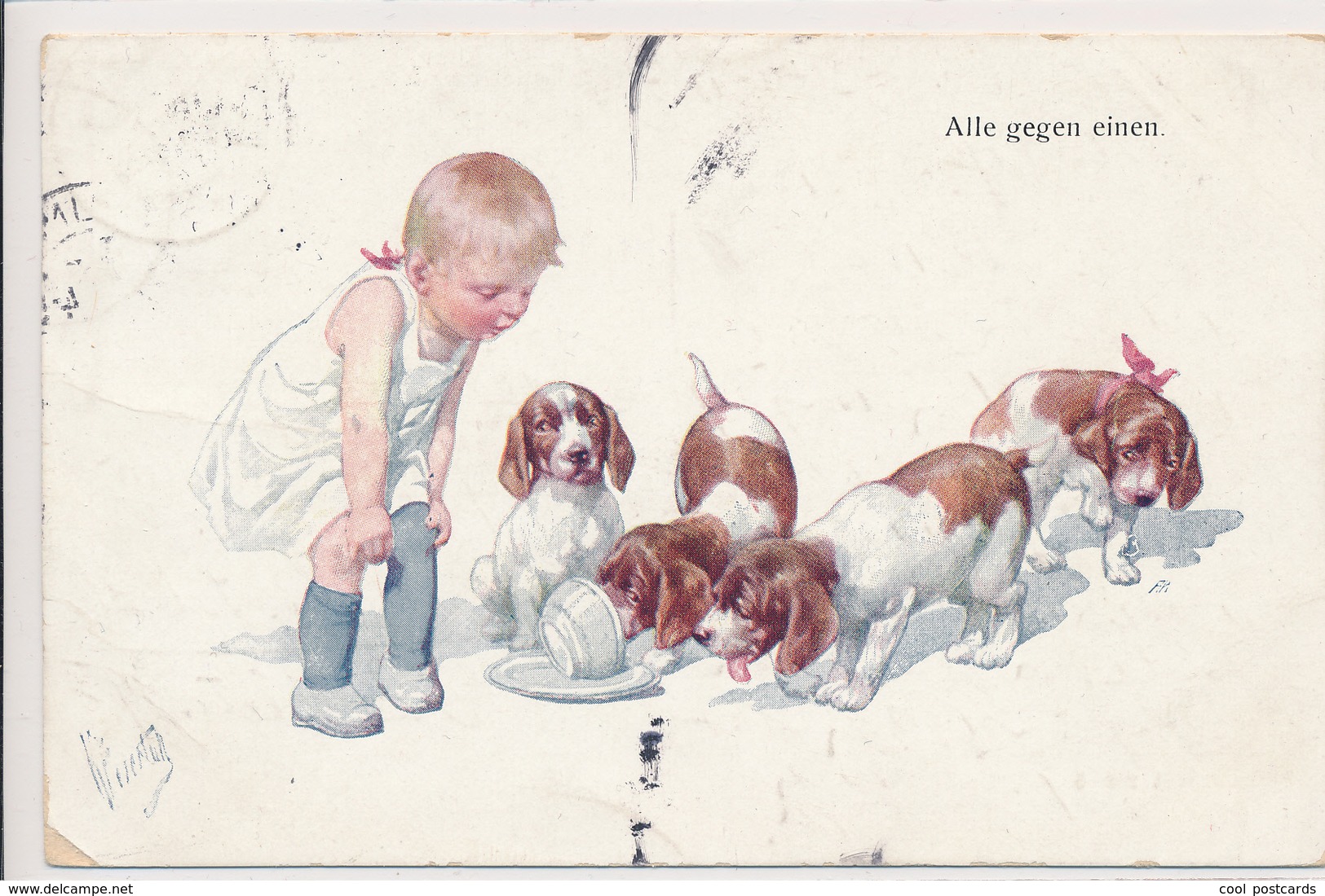 K. FEIERTAG, LITTLE GIRL FEEDING PUPPY DOGS, VF Cond.PC, Used 1913 - Feiertag, Karl