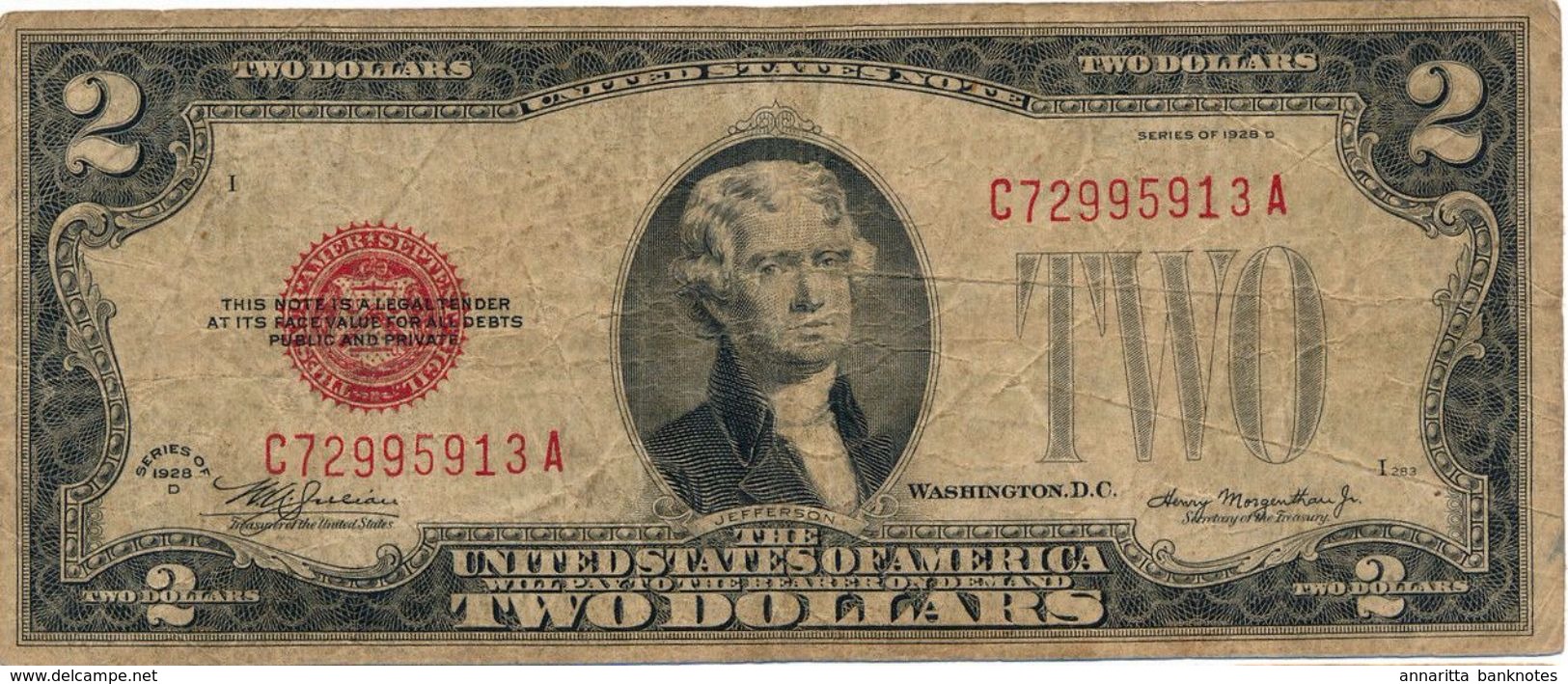 UNITED STATES 2 DOLLARS 1928D P-378d F/VF SIGN. JULIAN & MORGENTHAU [US378d] - United States Notes (1928-1953)