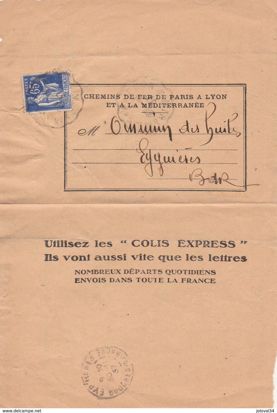 Yvert  365 Paix  Cachet Ambulant Convoyeur Marseille à Avignon 1937 Pour Eyguières Bouches Du Rhône Verso  Lamanon - Bahnpost