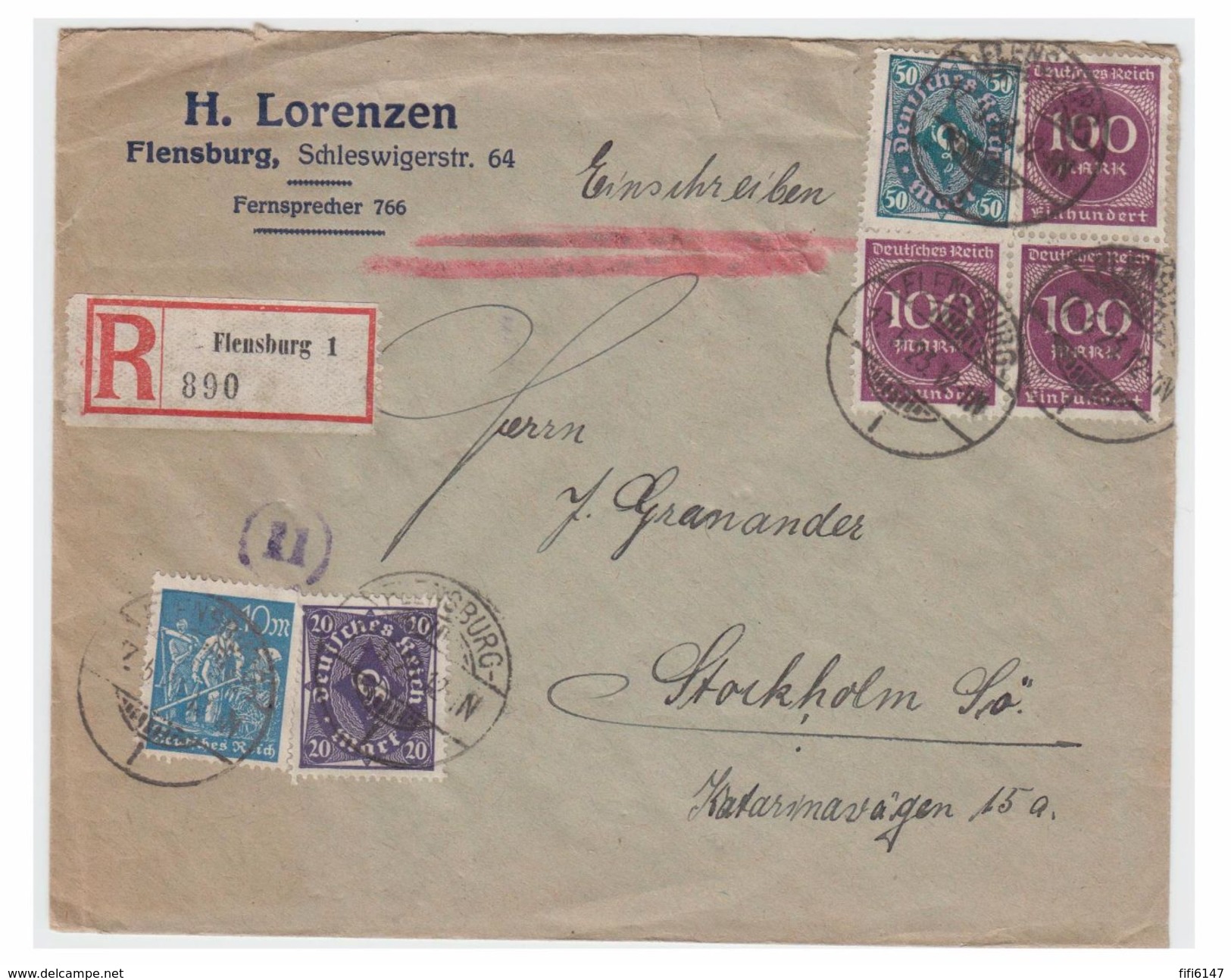 ALLEMAGNE -- 1923 -- LETTRE DE FLENSBURG POUR LA SUEDE -- - Briefe U. Dokumente