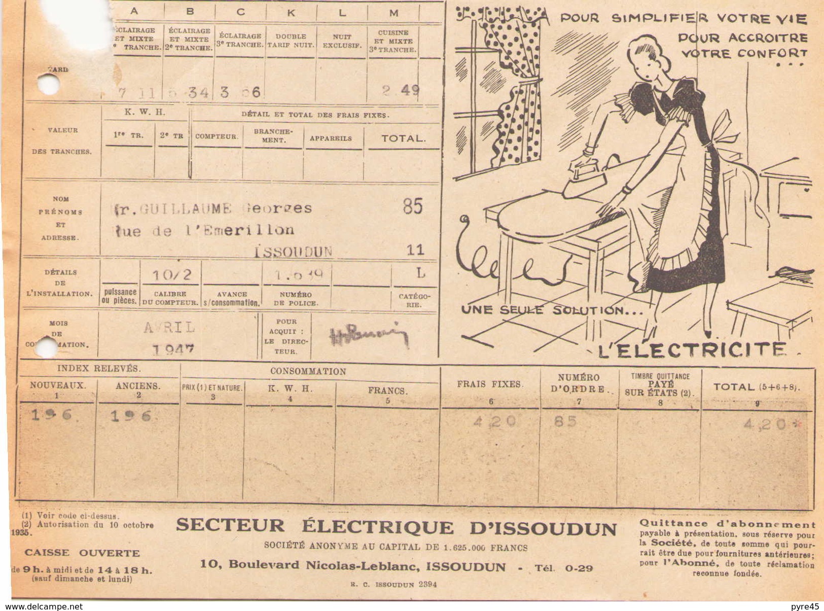 France Facture Secteur électrique D'Issoudun Avril 1947 - Electricity & Gas